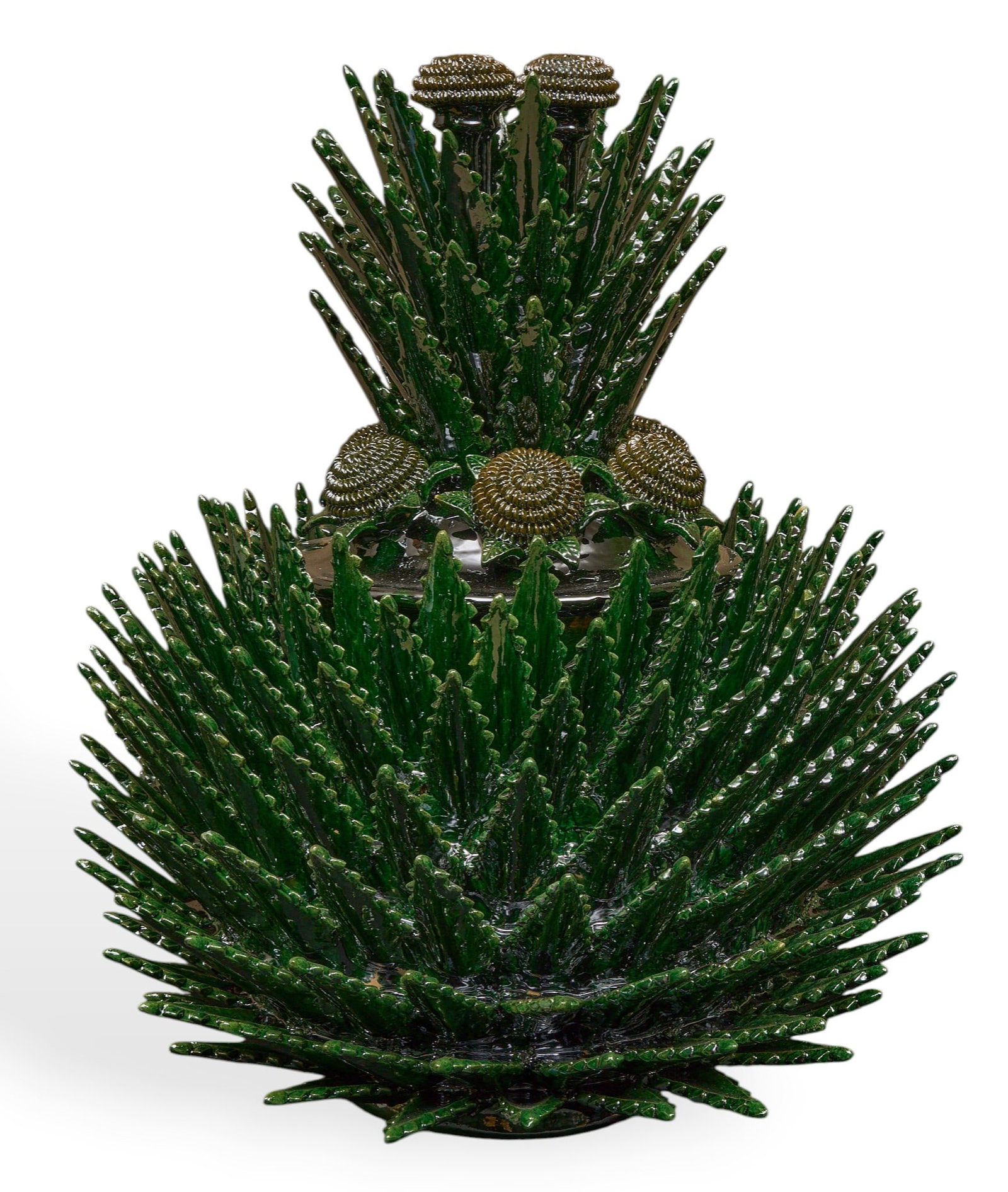 Pina de Espiga: Michoacan pina de espiga (pineapple with spikes) hand-sculpted and glazed ceramic vessel with numerous rows of hand-modeled spiky leaf applique, and lid with stemmed blossoms and leaf appliq