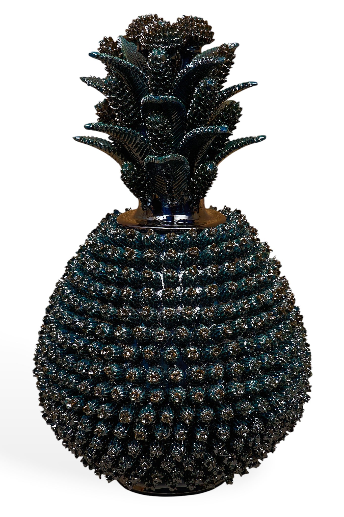 Pina de Elotito: Michoacan pina de elotitos (pineapple with little ears of corn) hand-sculpted and glazed ceramic vessel with numerous rows of hand-modeled applique, and lid with stemmed blossoms and leaf ap