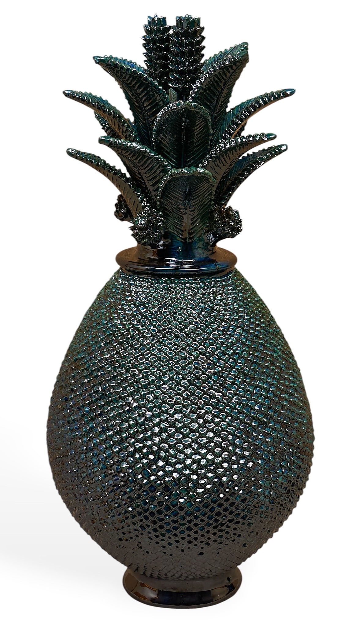 Pina de Pellizco: Michoacan pina de Pellizco (pineapple with little pinches) hand-sculpted and glazed ceramic vessel with numerous rows of hand-modeled applique, and lid with stemmed blossoms and leaf appliqu