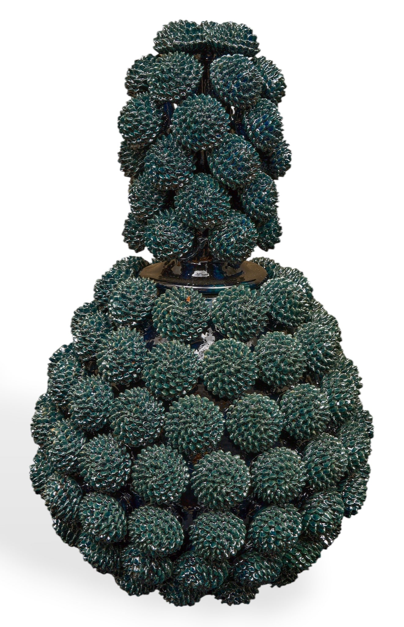 Piña Bola de Espigas: Michoacan pina de bola de espigas (pineapple with balls of wheat) hand-sculpted and glazed ceramic vessel with numerous rows of hand-modeled applique, and lid with stylized wheat blossoms&nb