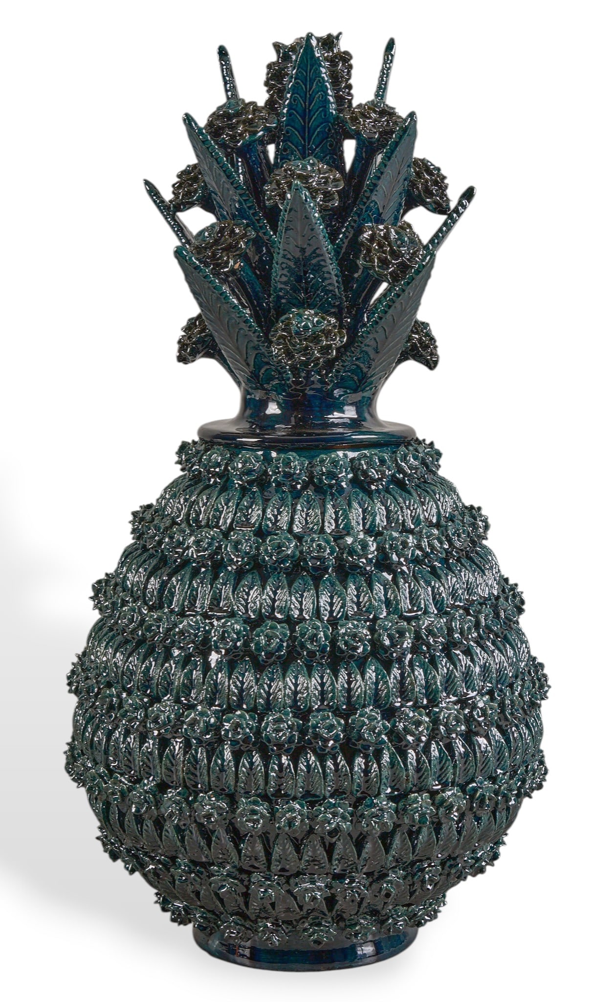 Pina de Rosas y Hojas: Michoacan pina de rosas y hojas (pineapple with roses and leaves) hand-sculpted and glazed ceramic vessel with numerous rows of hand-modeled rose and leaf applique, and lid with stemmed