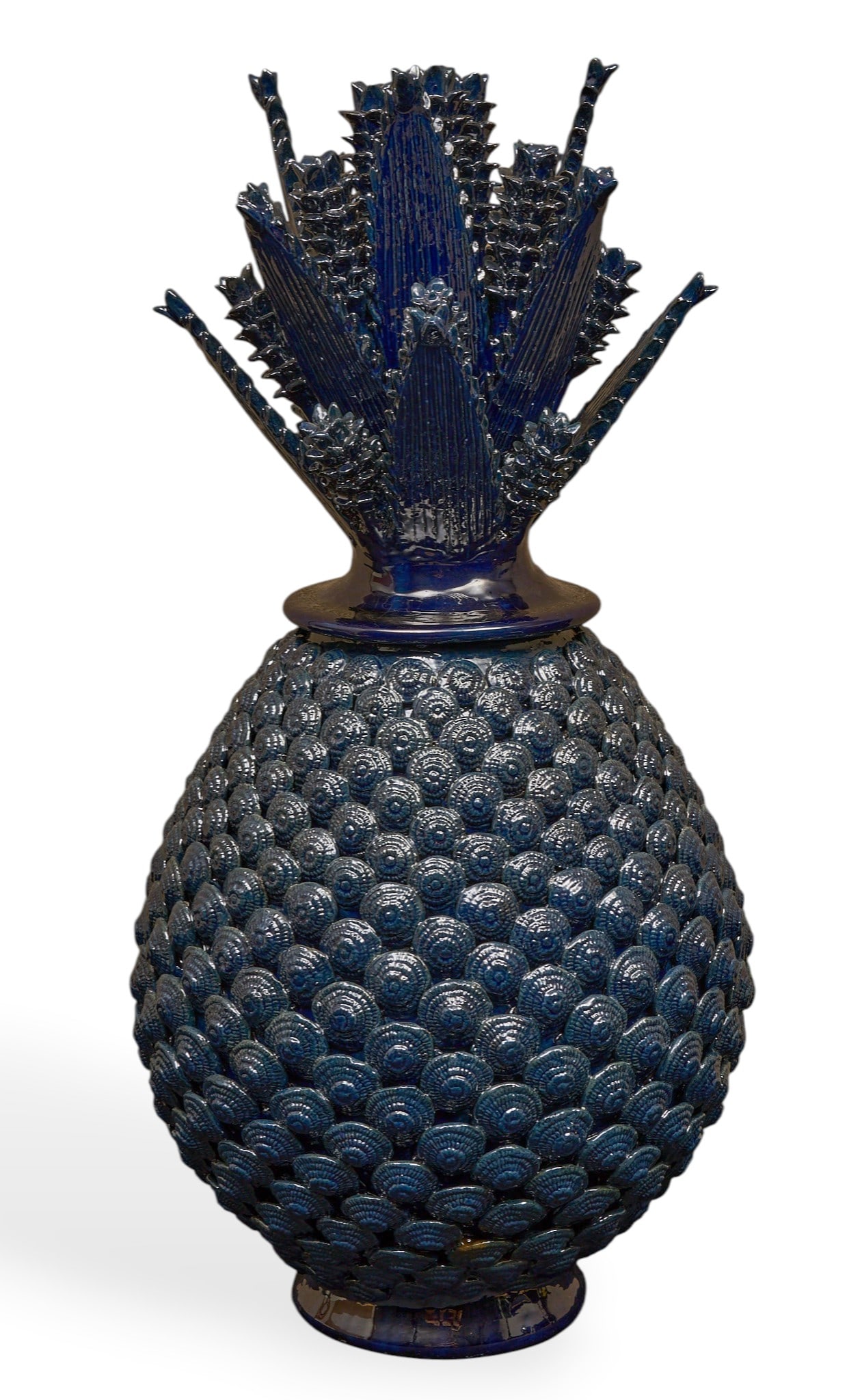 Pina de Monedita: Michoacan pina de monedita (pineapple with little coins) hand-sculpted and glazed ceramic vessel with numerous rows of hand-modeled round coin applique, and lid with stemmed blossoms and&nbs