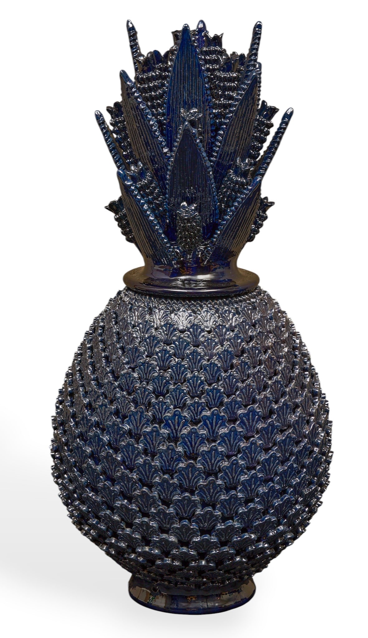 Pina de Moñitos: Michoacan pina de moñitos (pineapple with little bows) hand-sculpted and glazed ceramic vessel with numerous rows of hand-modeled pinched scale applique, and lid with stemmed blossoms