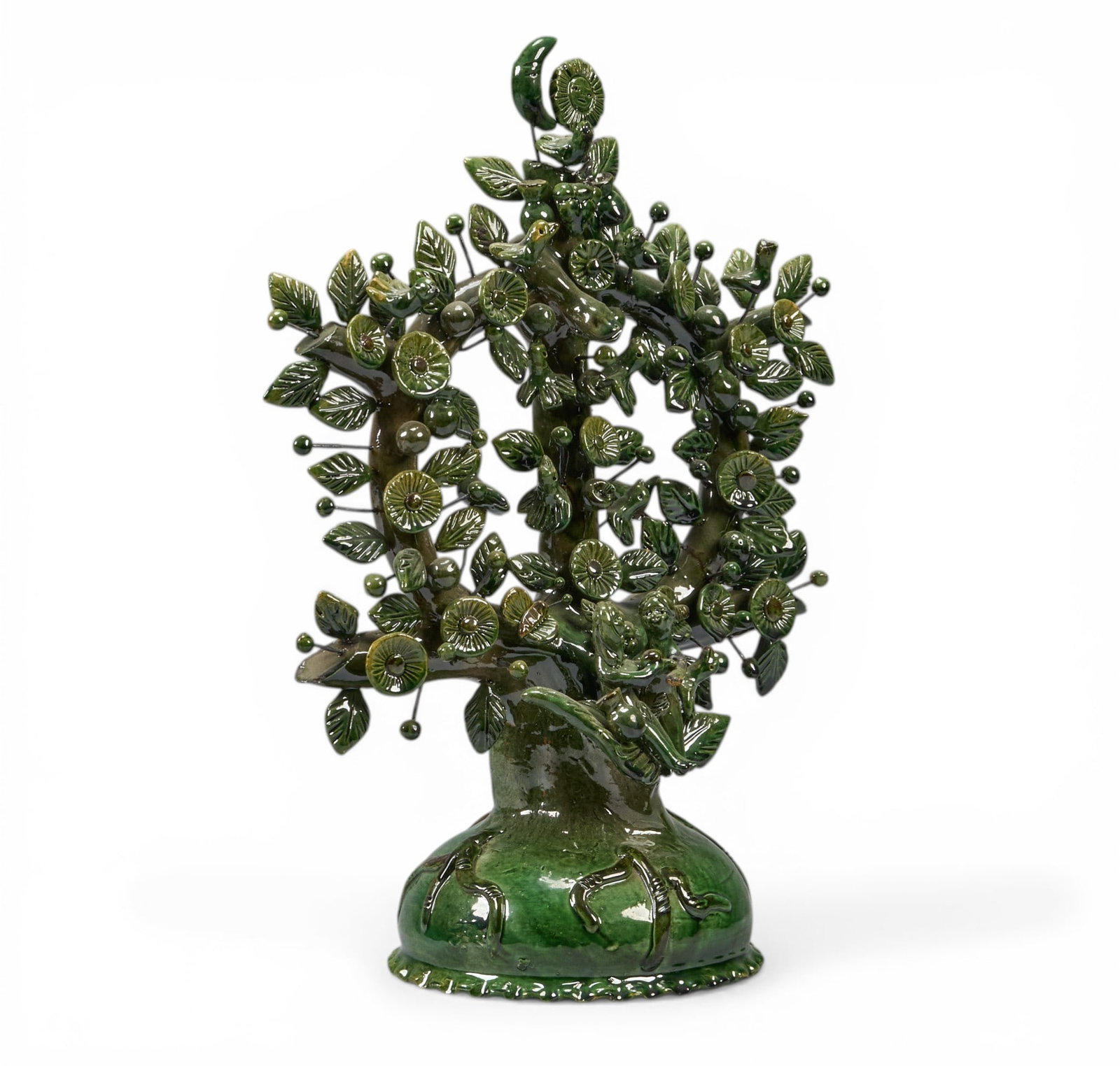 Vintage Michoacan Tree of Life: Vintage hand-modeled and glazed Michoacan ceramic tree of life sculpture, circa 20th century height 15 in. x width 11 in. x depth 6 in. Provenance: The Estate collection of late teacher and