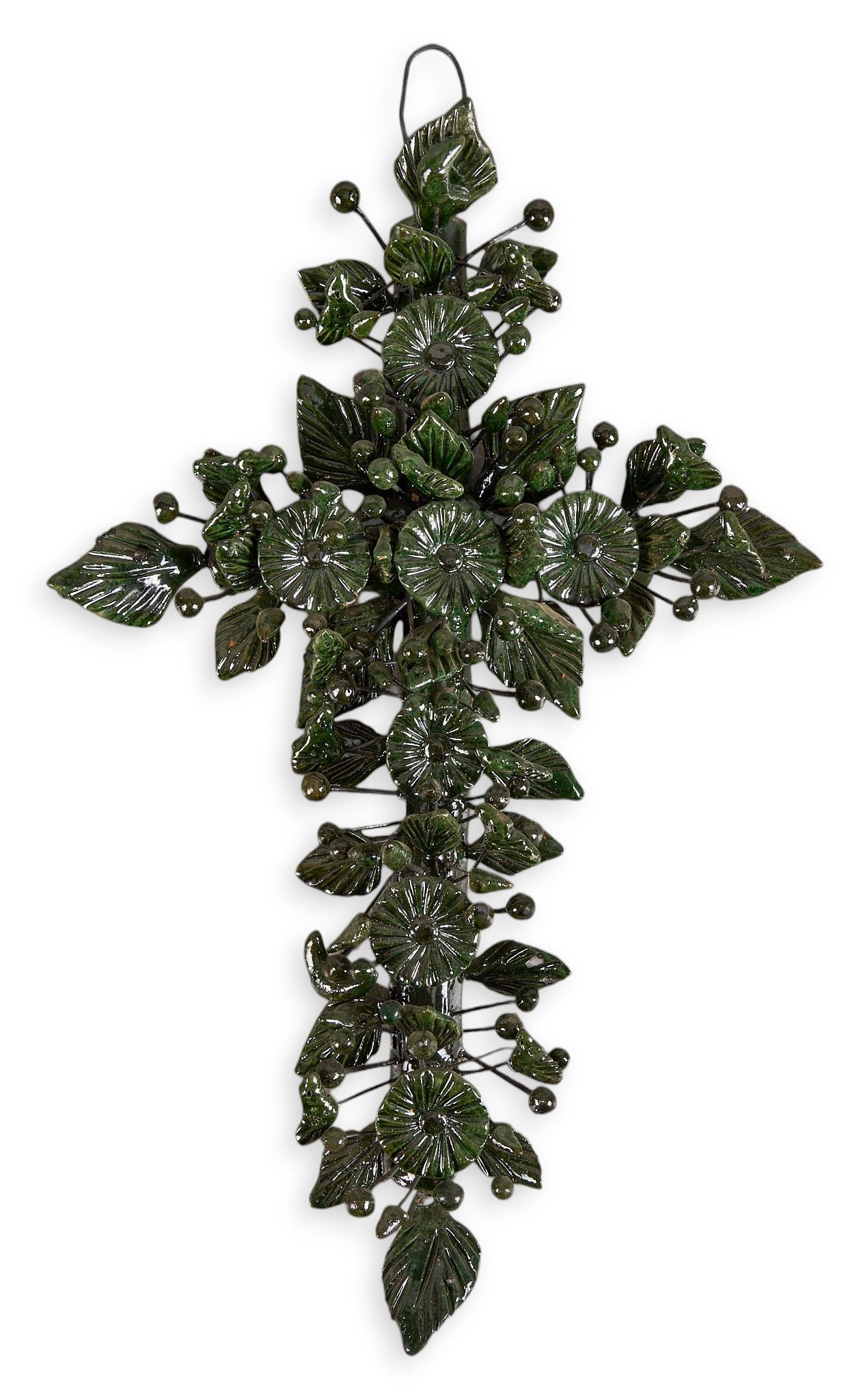 Michoacan Ceramic Cross:  Hand-made Mexican (Michoacan) folk art ceramic cross with floral and foliate design, dark green glazing, and metal wire hardware, wired on back for hanging, circa 20th century height