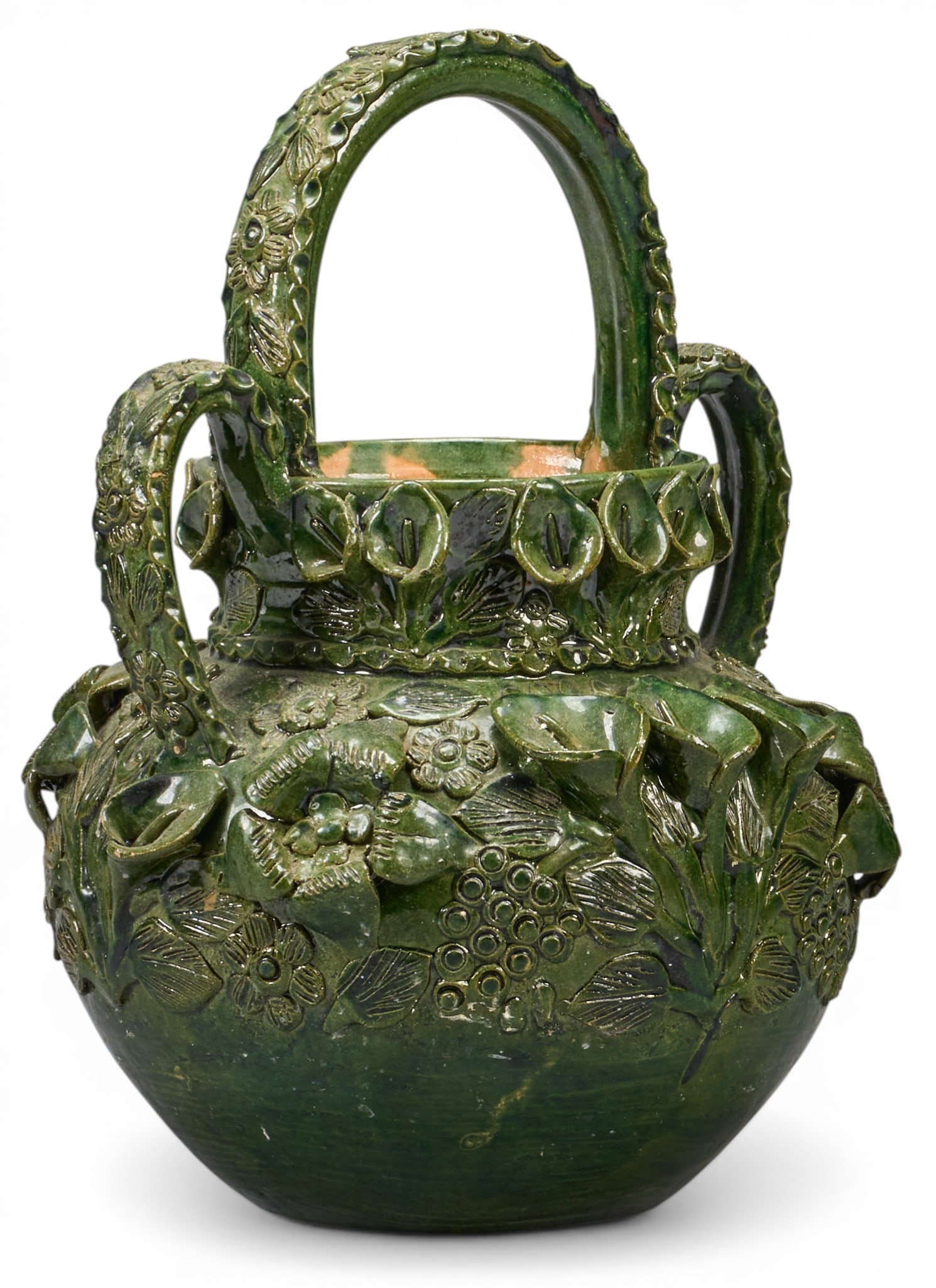 Vintage Michoacan Handled Vase: Vintage hand-made and glazed Michoacan vase with handles, and floral motifs, circa 20th century height 14 in. x width 11 in. x depth 11 in. Provenance: The Estate collection of late teacher and