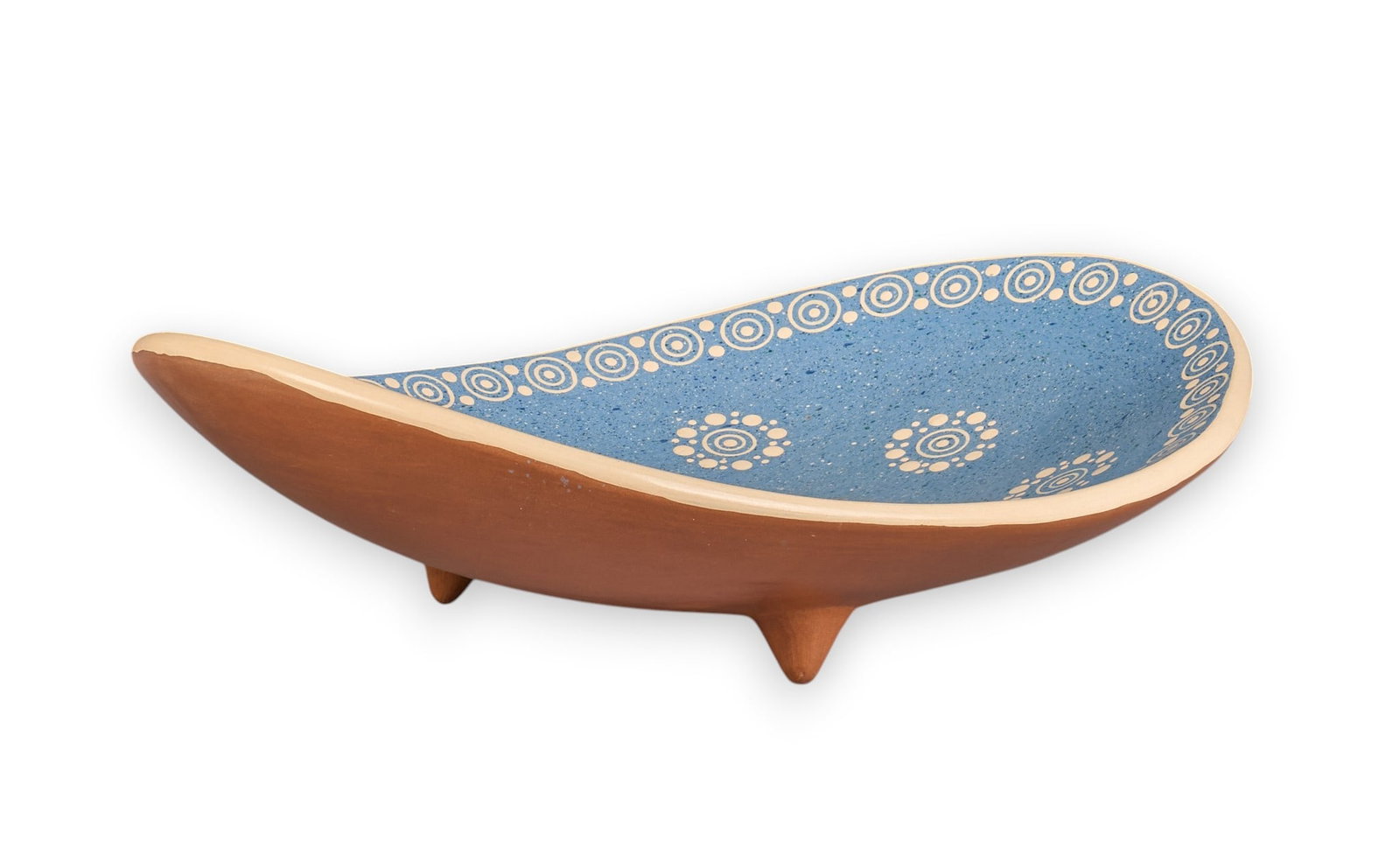 Michoacan Bowl: Mexican (Michoacan) hand-made and glazed ceramic bowl with curved design, supported on tripod legs, circa 21st century height 4 in. x width 15 in. x depth 11 in. Provenance: Property from a home
