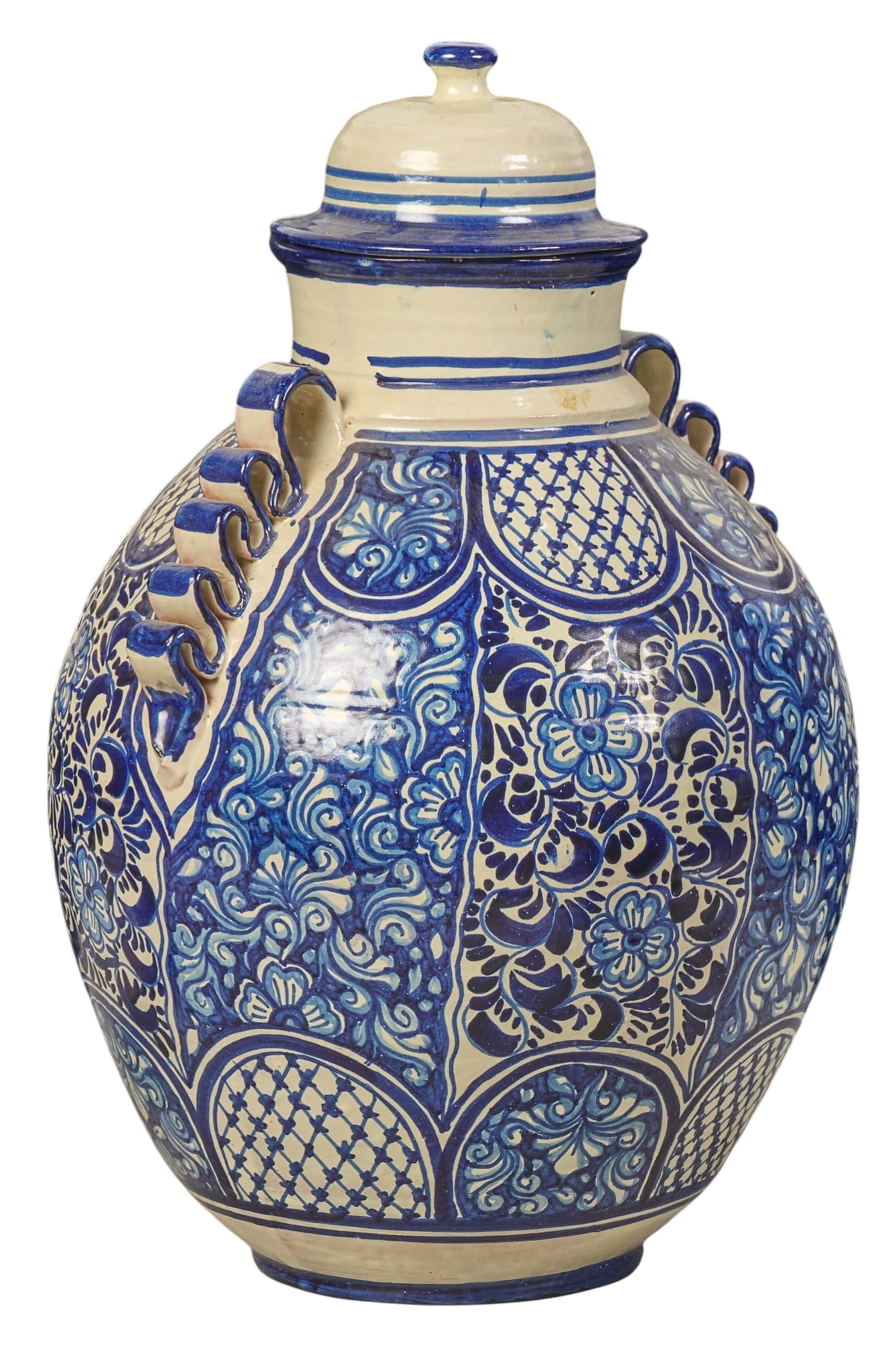Vintage Talavera Vase: Vintage Mexican Talavera vase, hand-made and painted, with lid, and ribbon-form handles, circa 20th century height 21 in. x width 15 in. x depth 14 in. Provenance: The Estate collection of late