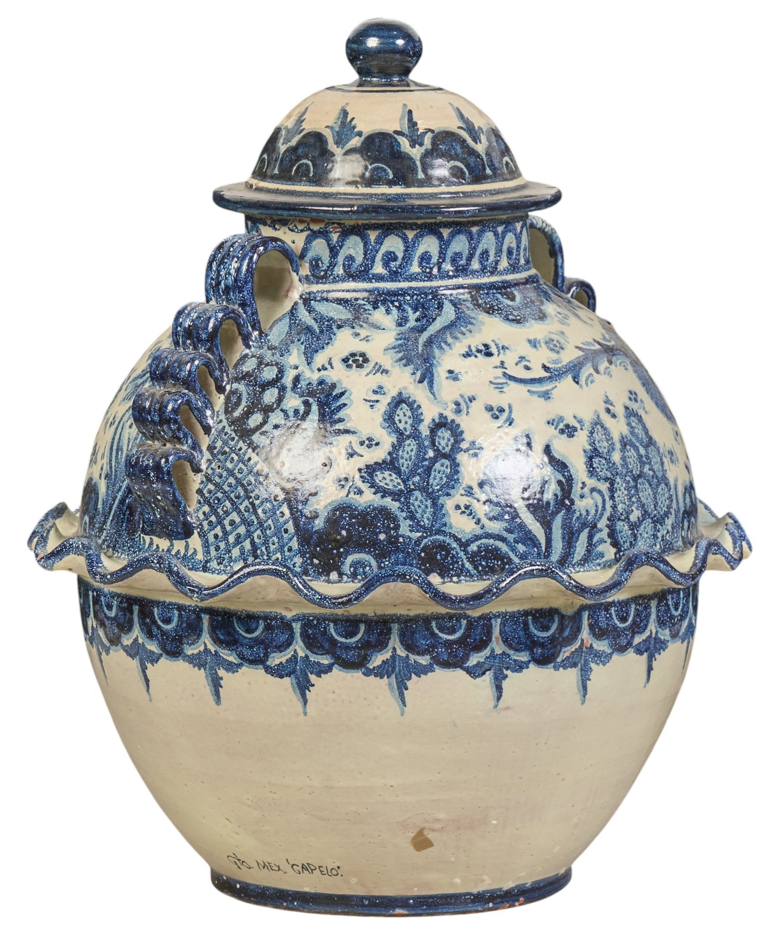 Capelo, Talavera Jar: Mexican Capelo Talavera vase, hand-made and painted, with lid, and ribbon-form handles, signed "Guanajuato, Mexico, 'Capelo' height 19 in. x width 16 in. x depth 16 in. P