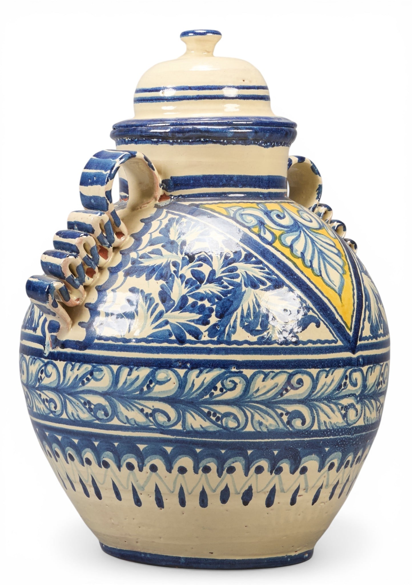 Vintage Talavera Jar: Vintage Mexican talavera (Puebla) jar, hand-made and painted, with lid, and ribbon-form handles, circa 20th century height 16 in. x width 14 in. x depth 11 in. Provenance: The Estate colle