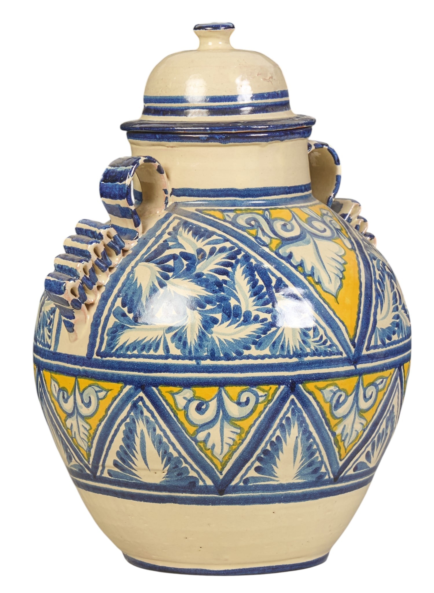 Vintage Mexican Talavera Jar: Vintage hand-made and painted Mexican Talavera jar with lid, and ribbon-form handles height 16 in. x width 13 in. x depth 12 in. Provenance: The Estate collection of late teacher and human
