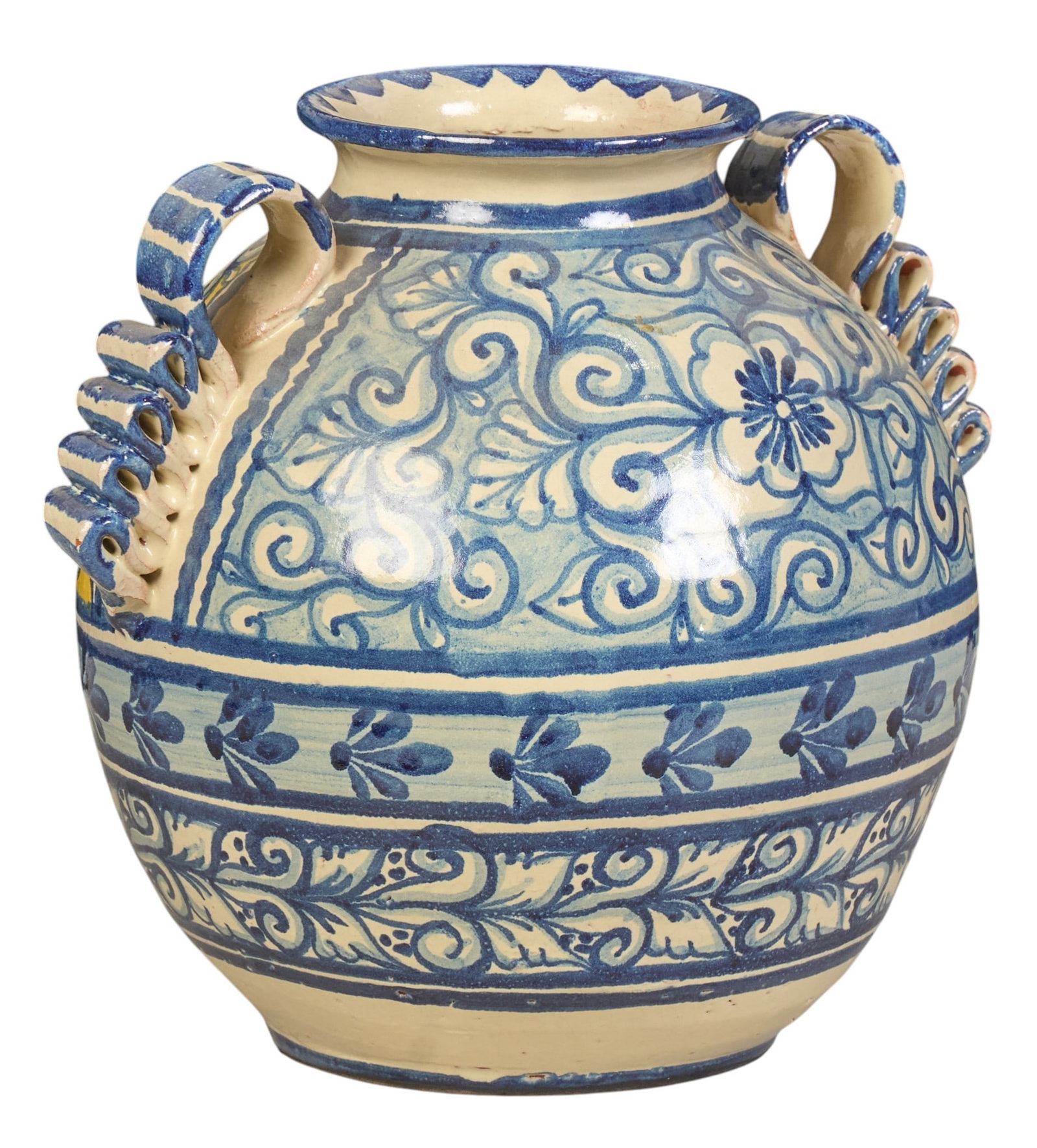 Vintage Mexican Talavera Vase: Vintage hand-made and painted Mexican Talavera vase with ribbon-form handles, circa 20th century height 10 in. x width 12 in. x depth 10 in. Provenance: The Estate collection of late teacher and