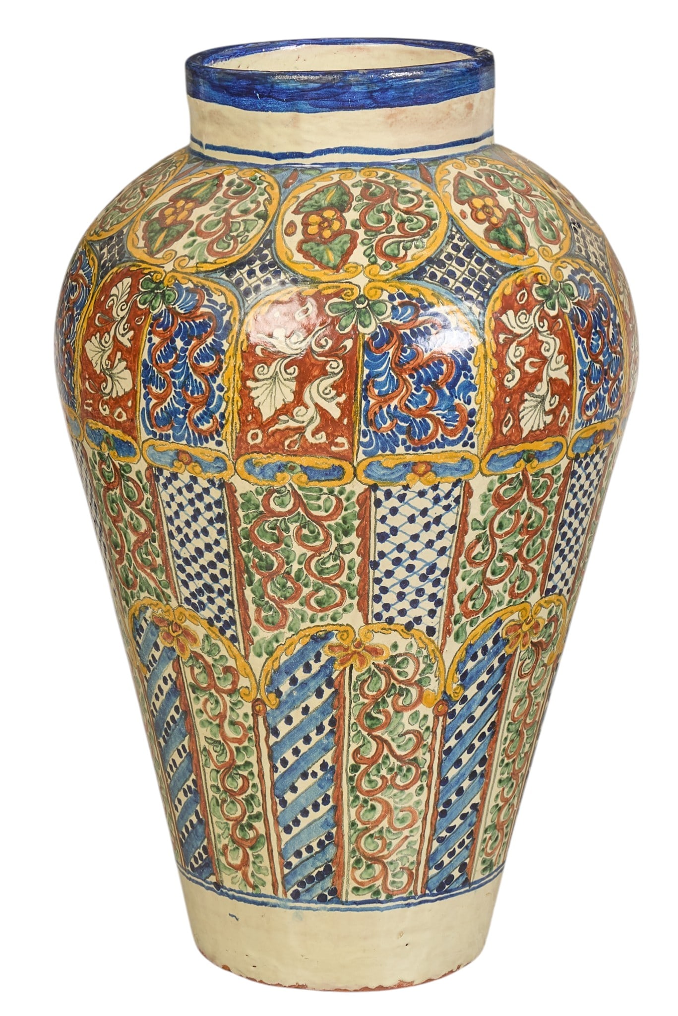 Large Talavera Vase: Large vintage Mexican talavera vase, hand-made with painted filigree details, circa early to mid 20th century height 31 in. x width 19 in. x depth 19 in. Provenance: The Estate collection