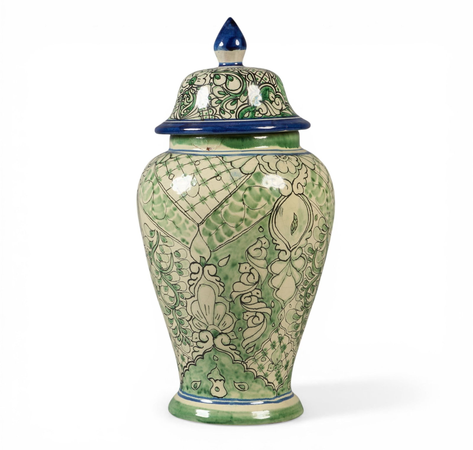 Green Talavera Urn: Hand-made and painted Mexican Talavera vase with green variant colorway, signed "Tal Mol. Mex. AT" height 20 in. x width 10 in. x depth 10 in. Provenance: Property from the home of a S