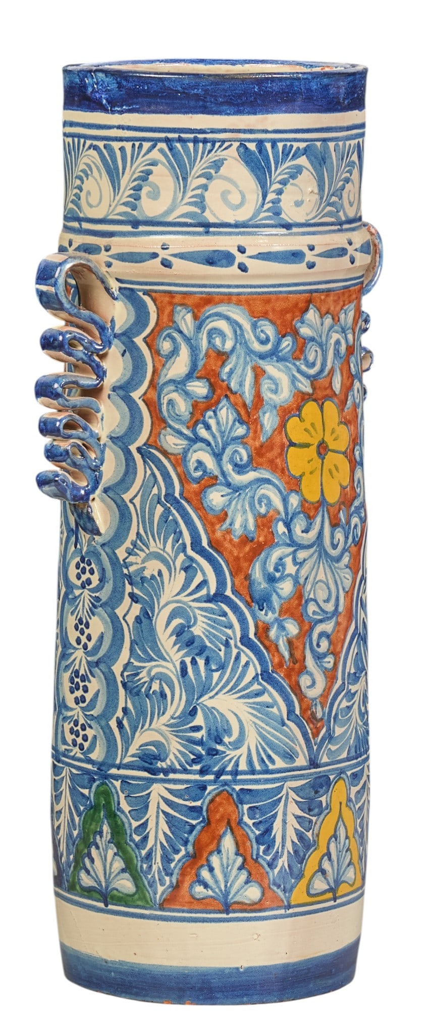 Mexican Talavera Vase: Vintage hand-made and painted Mexican Talavera vase with ribbon-form handles, circa 20th century height 21.5 in. x width 10 in. x depth 6.5 in. Provenance: The Estate collection of late teacher
