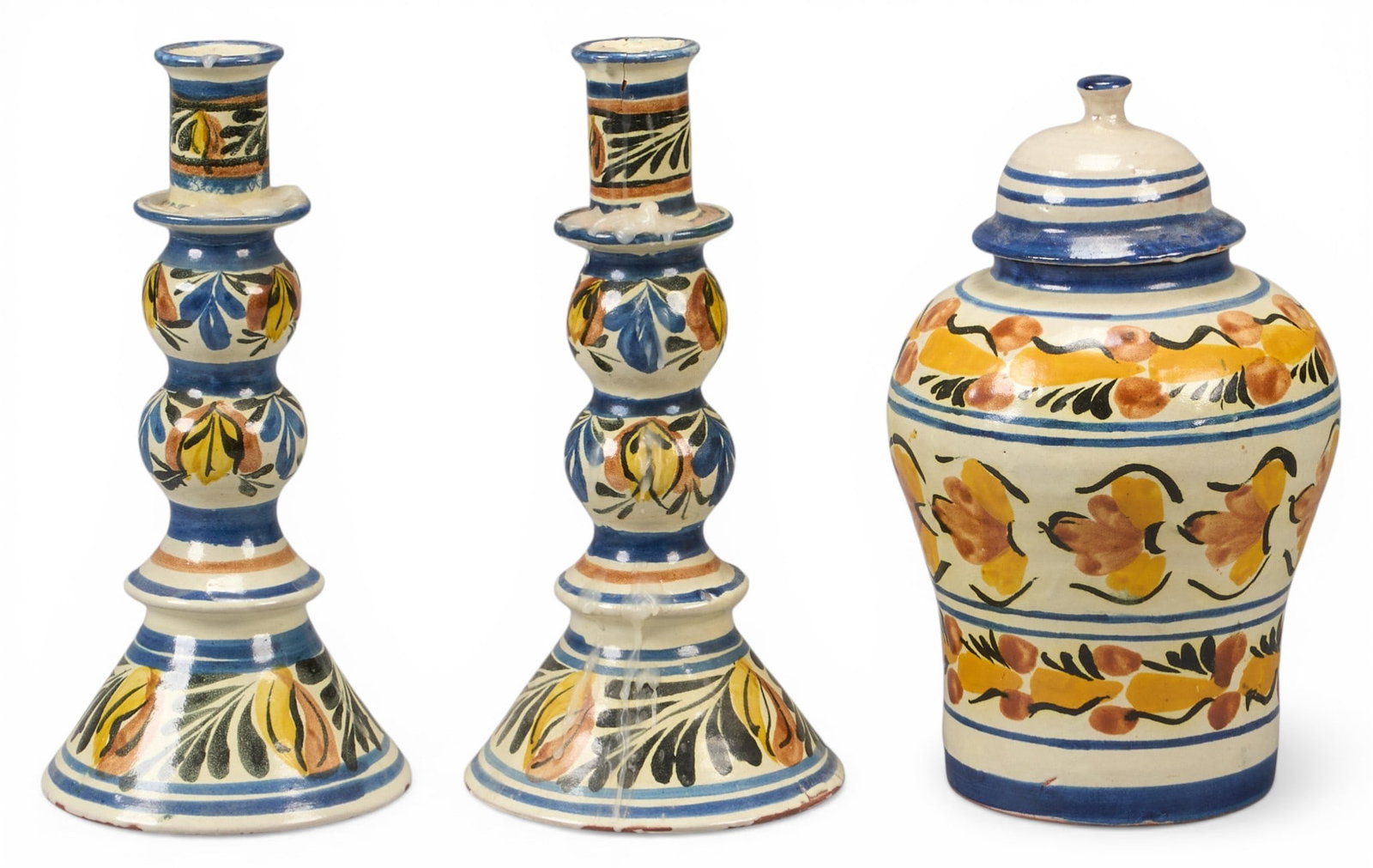 Vintage Talavera Jar and Pair of Candlesticks: Three pieces of vintage hand-made and painted Mexican Talavera ceramics, with pair of candles sticks, signed with "Santa Rosa, Guanajuato, Mexico" abbreviation on bottom, circa 20th cen