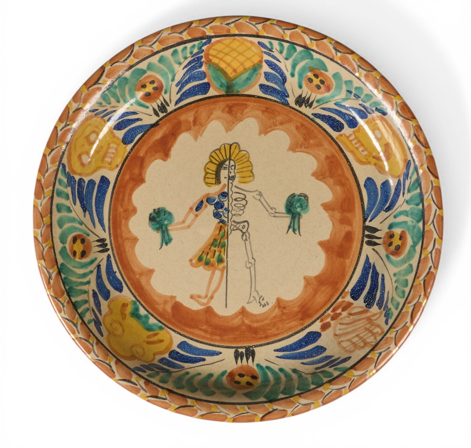 Gorky Gonzales, Dia de los Muertos Charger: Gorky Gonzales (Guanajuato, Mexico, b.1939) hand-made and painted Dia de los Muertos ceramic charger, signed on back diameter 13.5 in. x depth 2 in. Provenance: The Estate collection