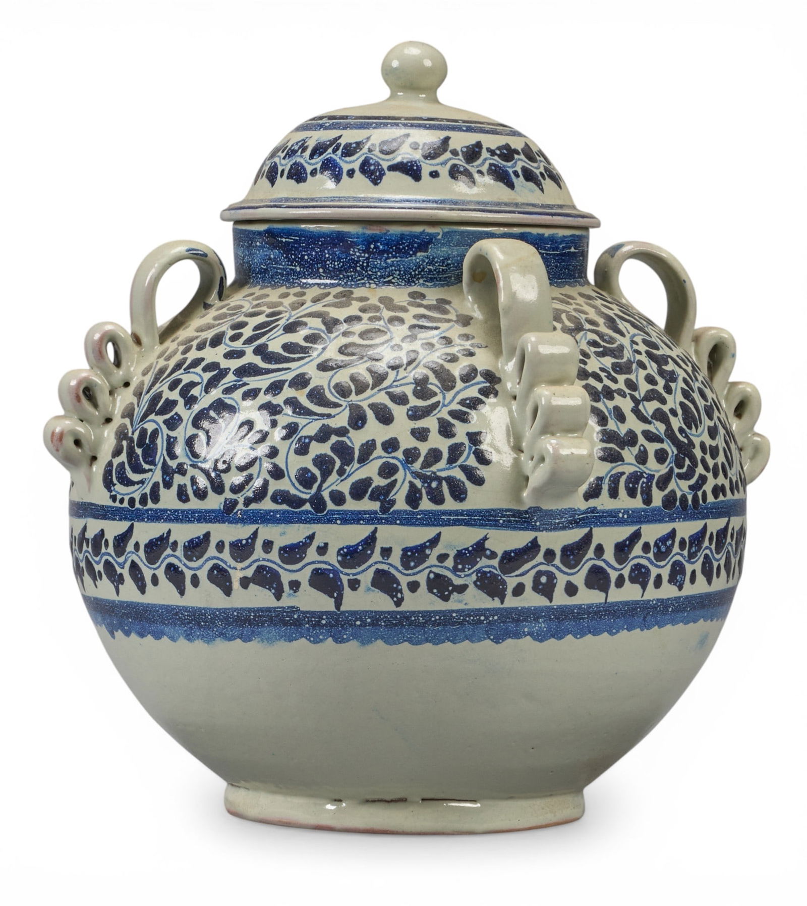 Gorky Gonzales, Talavera Jar: Vintage Gorky Gonzales (Guanajuato, Mexico, b.1939) Talavera jar, hand-made and painted, with lid. and ribbon-form handles, signed underneath, circa 20th century height 12 in. x depth 13 in. x d