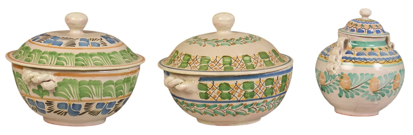 Gorky Gonzales, (3) Lidded Vessels: Collection of three Gorky Gonzales (Guanajuato, Mexico, b.1939) ceramics with lids, hand-made and painted, signed on bottoms height 9 in. x width 12 in. x depth 11 in. / largest Provenance: The 