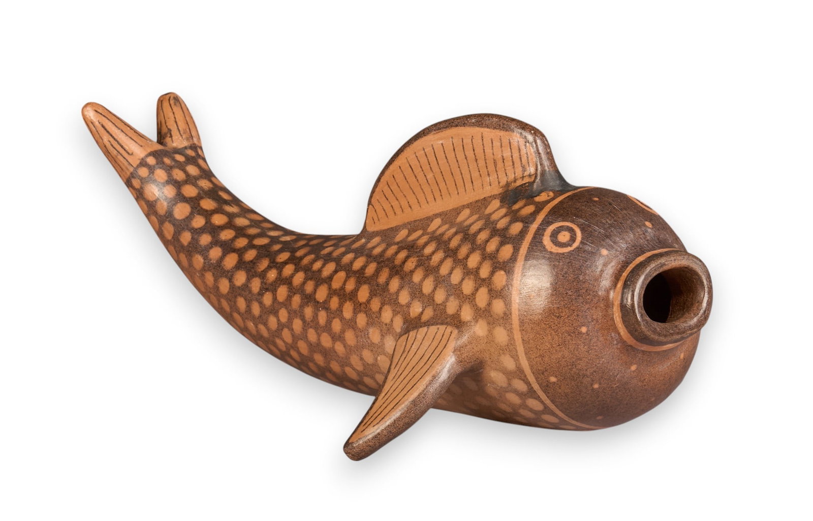 Mexican Burnished Fish: Vintage hand-modeled burnished Mexican ceramic vessel with fish design, circa early to mid 20th century height 7 in. x width 8 in. x depth 15 in. Provenance: Property from a home in L