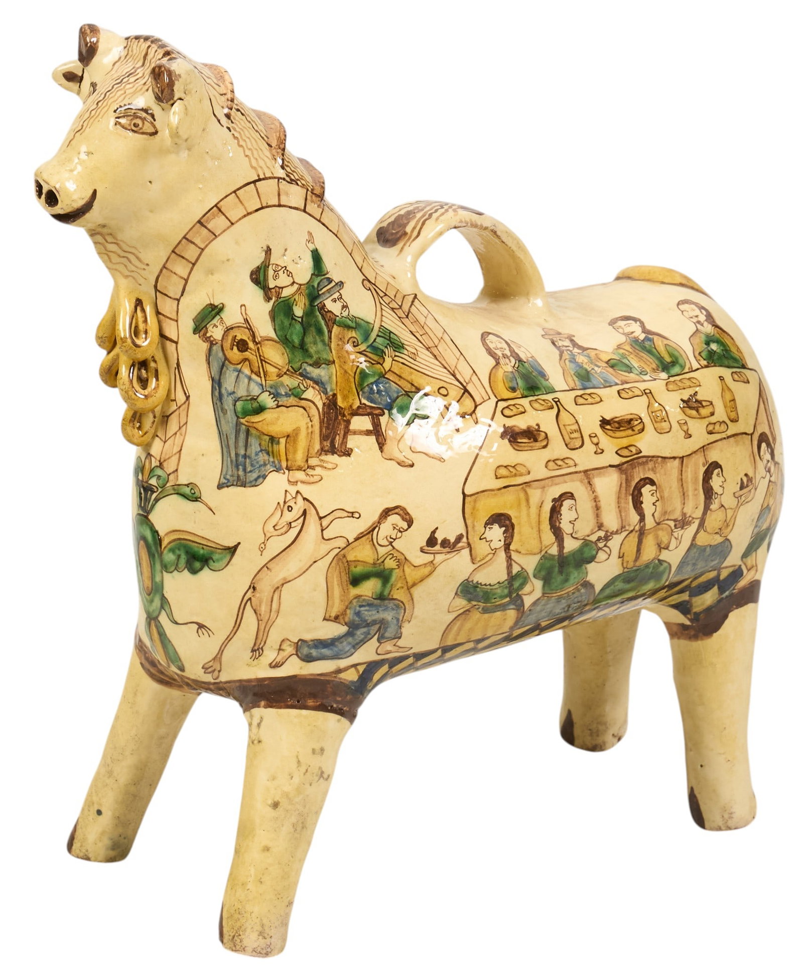 Tater Vera, Ceramic Cow: Tater Vera (Peru, 20th century) hand-made and painted ceramic cow with provincial scenes height 18 in. x width 9.5 in. x depth 16 in. Provenance: The Estate collection of late teacher and humanitarian