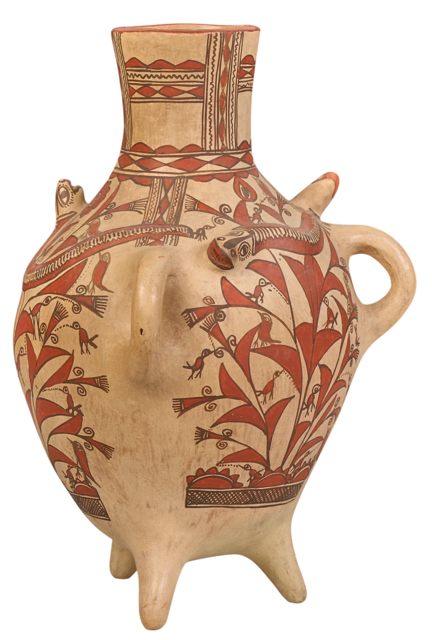 Vintage Guerrero Water Pot: Vintage Mexican (Guerrero) hand-made and painted ceramic water pot, with raised snake motifs, and handles, supported on tripod legs, circa early to mid 20th centuryheight 16 in. x width 11 in. x