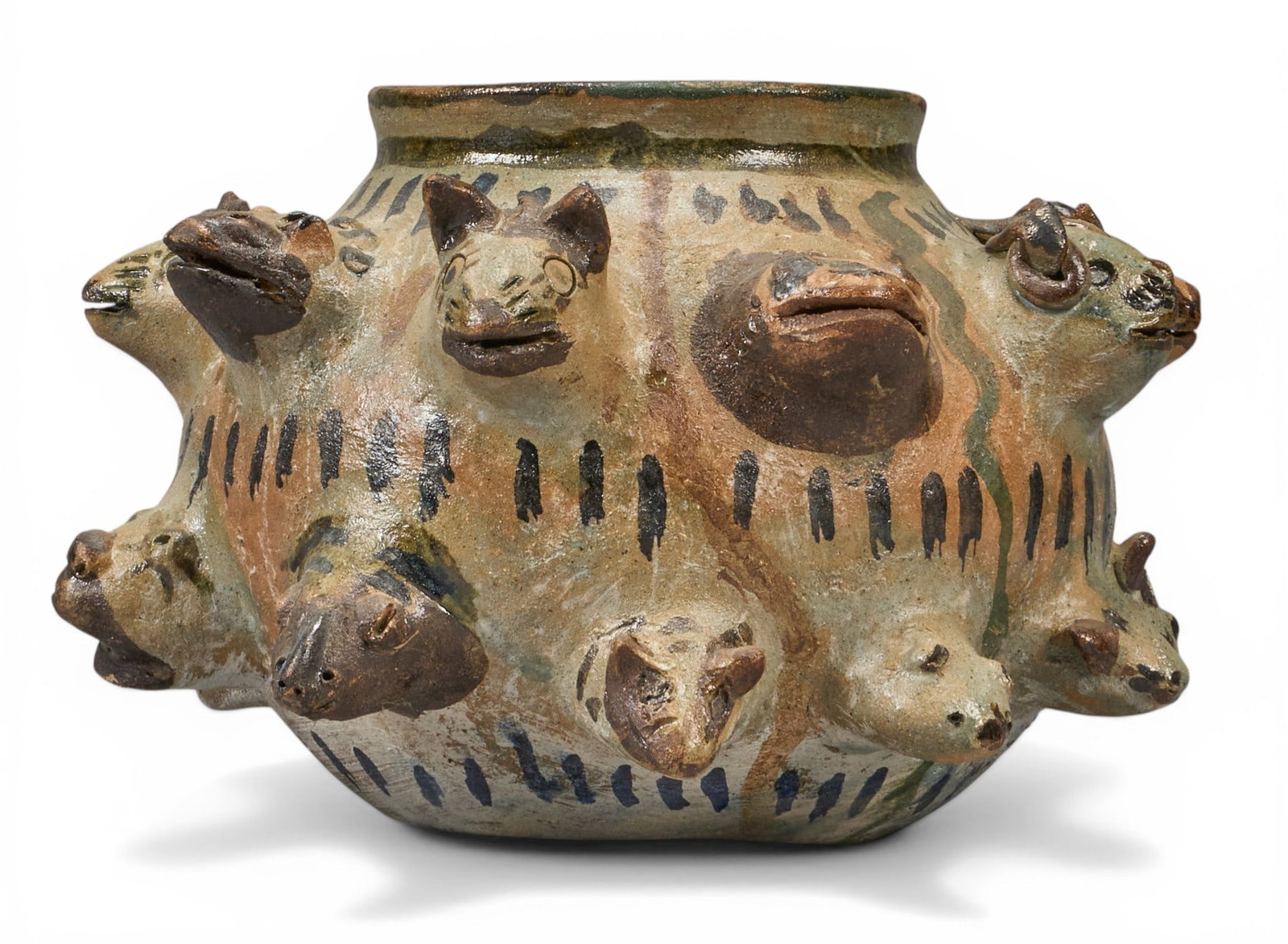 Dolores Porras, Effigy Vessel: Dolores Porras (Aztompa, Oaxaca, b. 1937-2010) hand-thrown and modeled ceramic effigy vase with painted zoomorphic heads, signed underneath height 7.5 in. x width 12 in. x depth 12 in. Provenanc