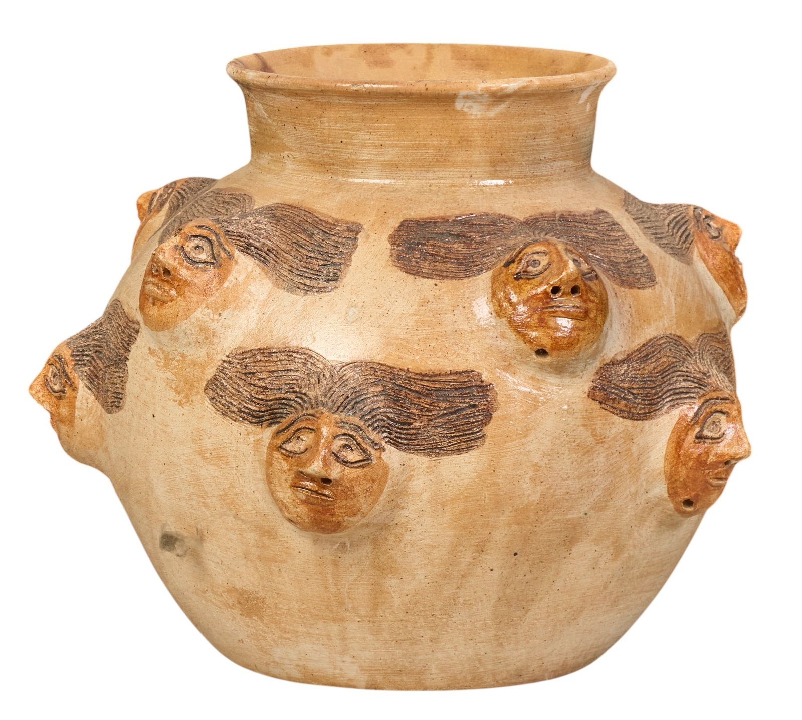 Dolores Porras Style Effigy Vessel: In the style of Dolores Porras (Aztompa, Oaxaca, b. 1937-2010) hand-thrown and modeled ceramic effigy vase with figural heads, unsigned height 13 in. x width 16 in. x depth 16 in. Provenance: Th