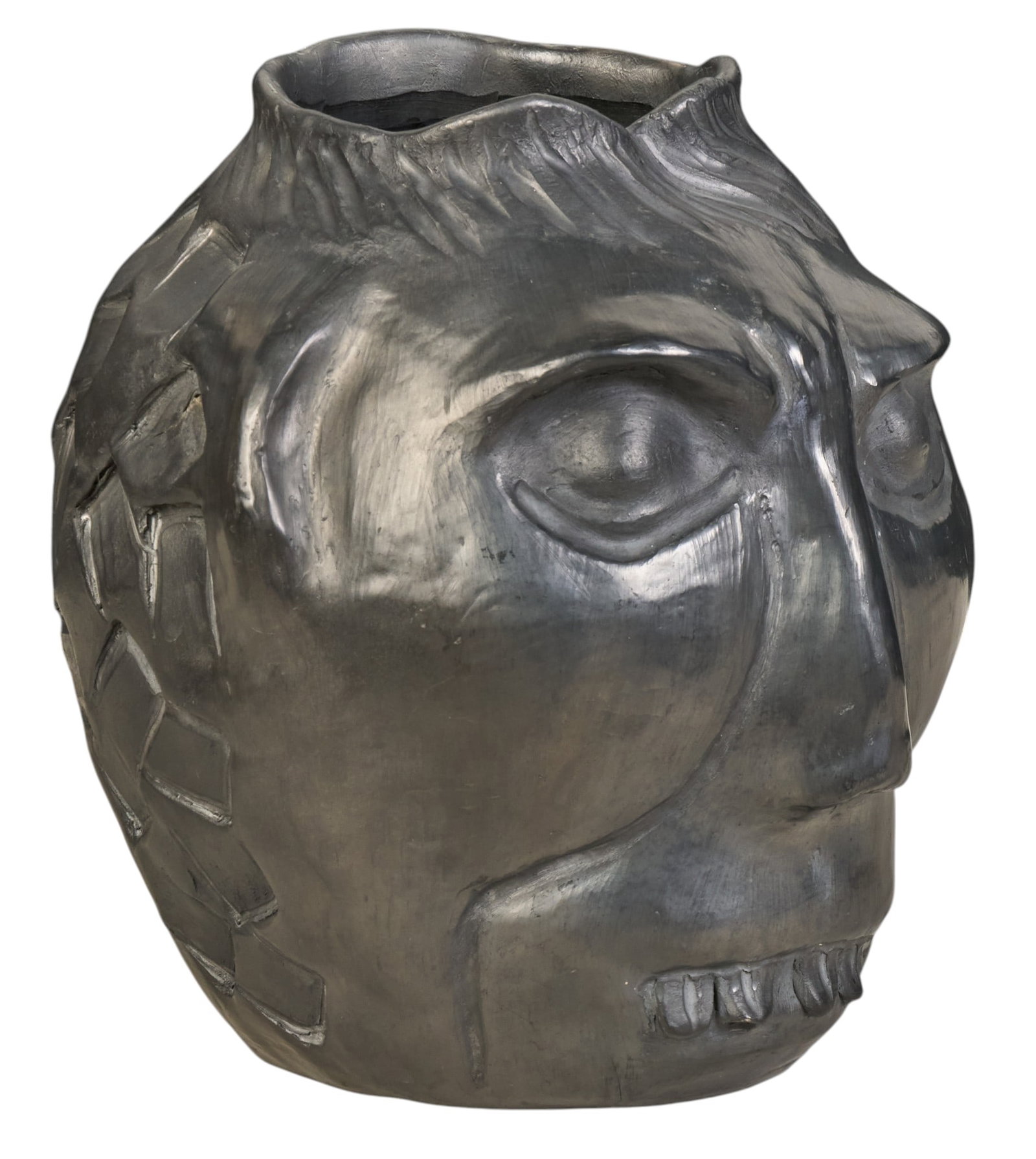 Oscar Cruz Real, Barro Negro Portrait Vase: Oscar Cruz Real (Mexico, 20th century) hand-made barro negro ceramic portrait vase, signed near base height 12 in. x width 11 in. x depth 11 in. Provenance: The Estate collection of late teacher