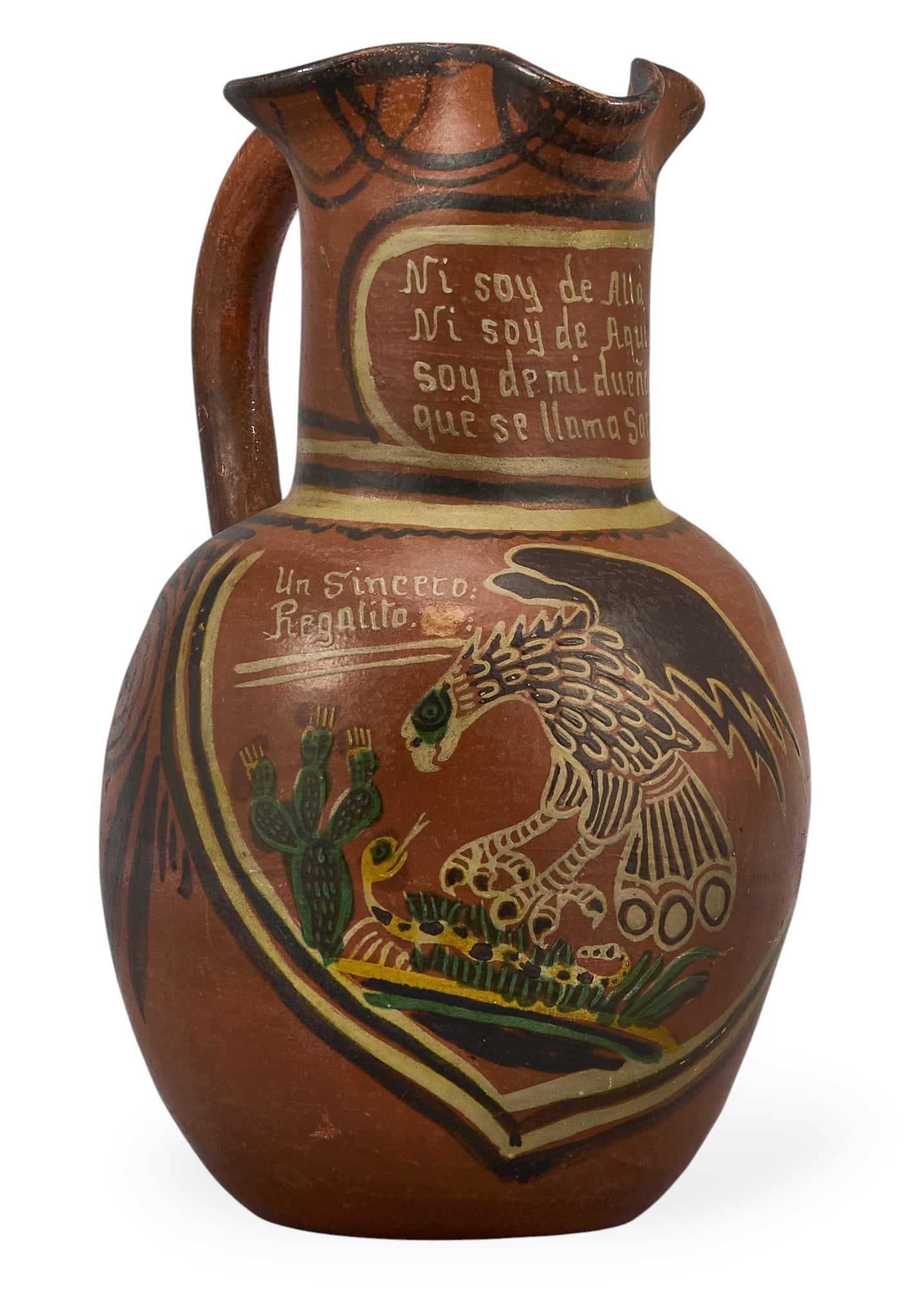 Vintage Mexican Coat of Arms Pitcher: Vintage ceramic pitcher with Mexican Coat of Arms and Spanish text, from Metepec, Mexico, circa mid-20th centuryheight 13 in. x width 10 in. x depth 8 in. Provenance: The Estate collection