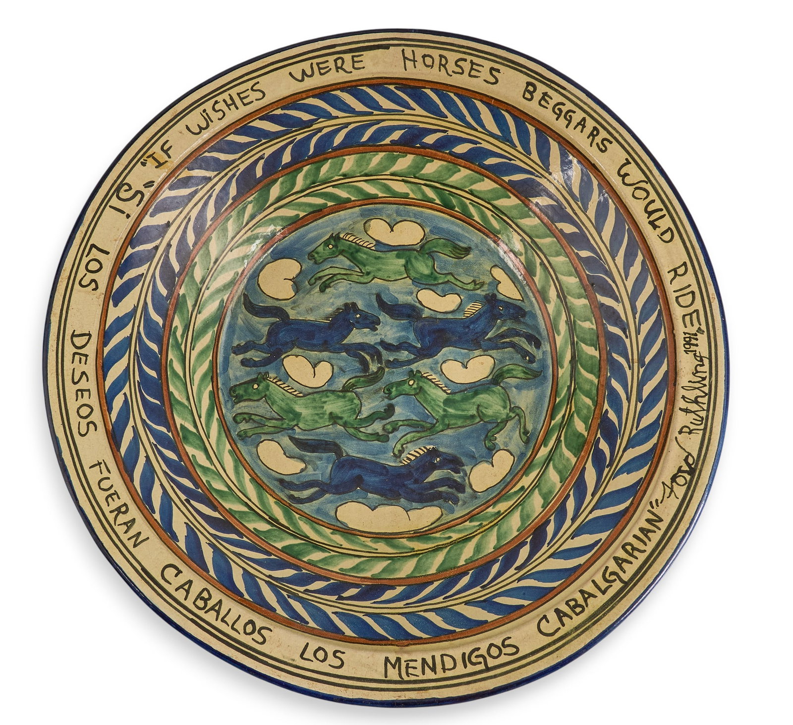 Ford Ruthling Handpainted Ceramic Bowl, "If Wishes Were Horses": Ford Ruthling (1933-2015), large ceramic bowl, hand-painted with horses and the inscription "If wishes were horses beggars would ride" in English and Spanish, signed and dated