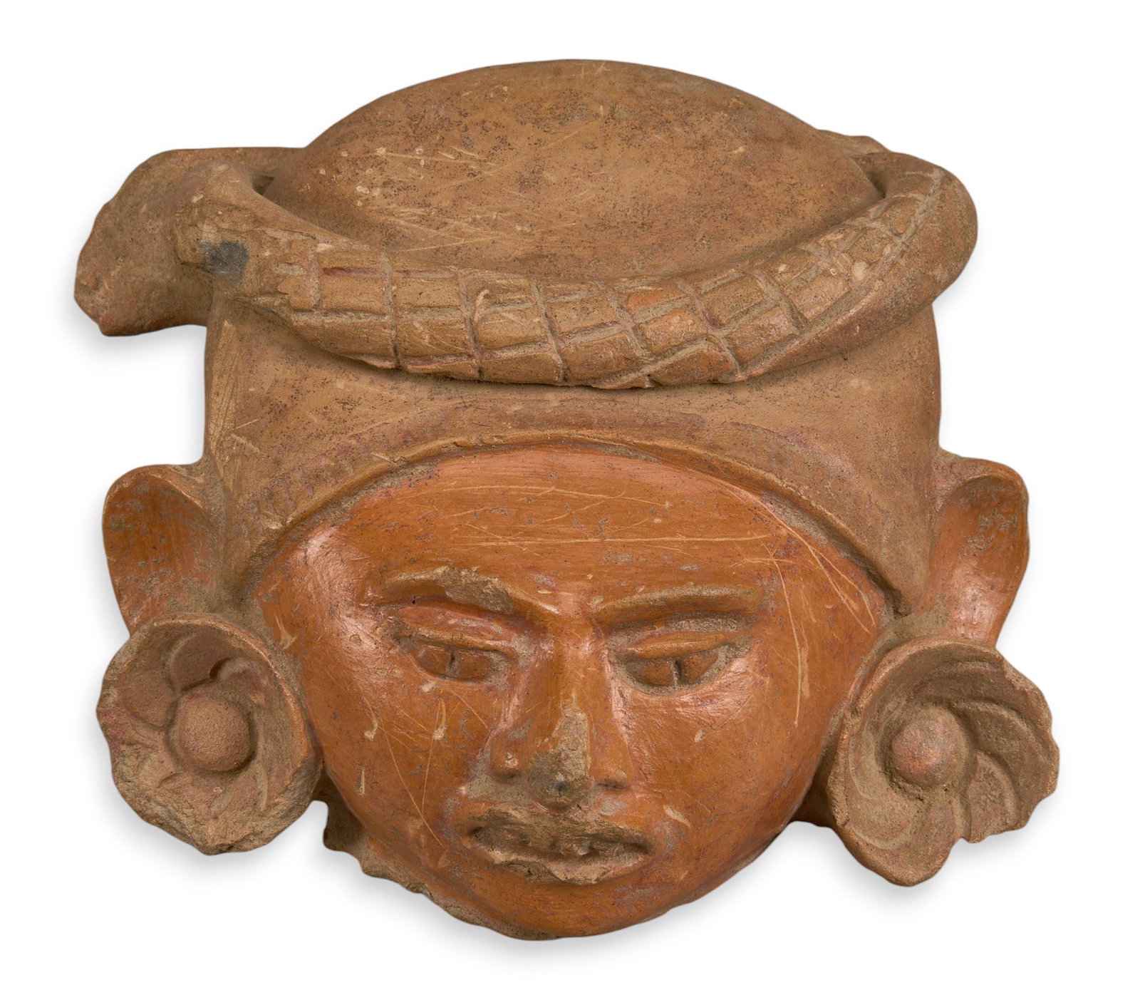 Pre-Columbian Style Sculptural Fragment: Pre-Columbian style figural sculpture fragment, likely originally part of larger vessel or sculpture height 8 in. x width 5.5 in. x depth 3 in. Provenance: The Estate collection of lat