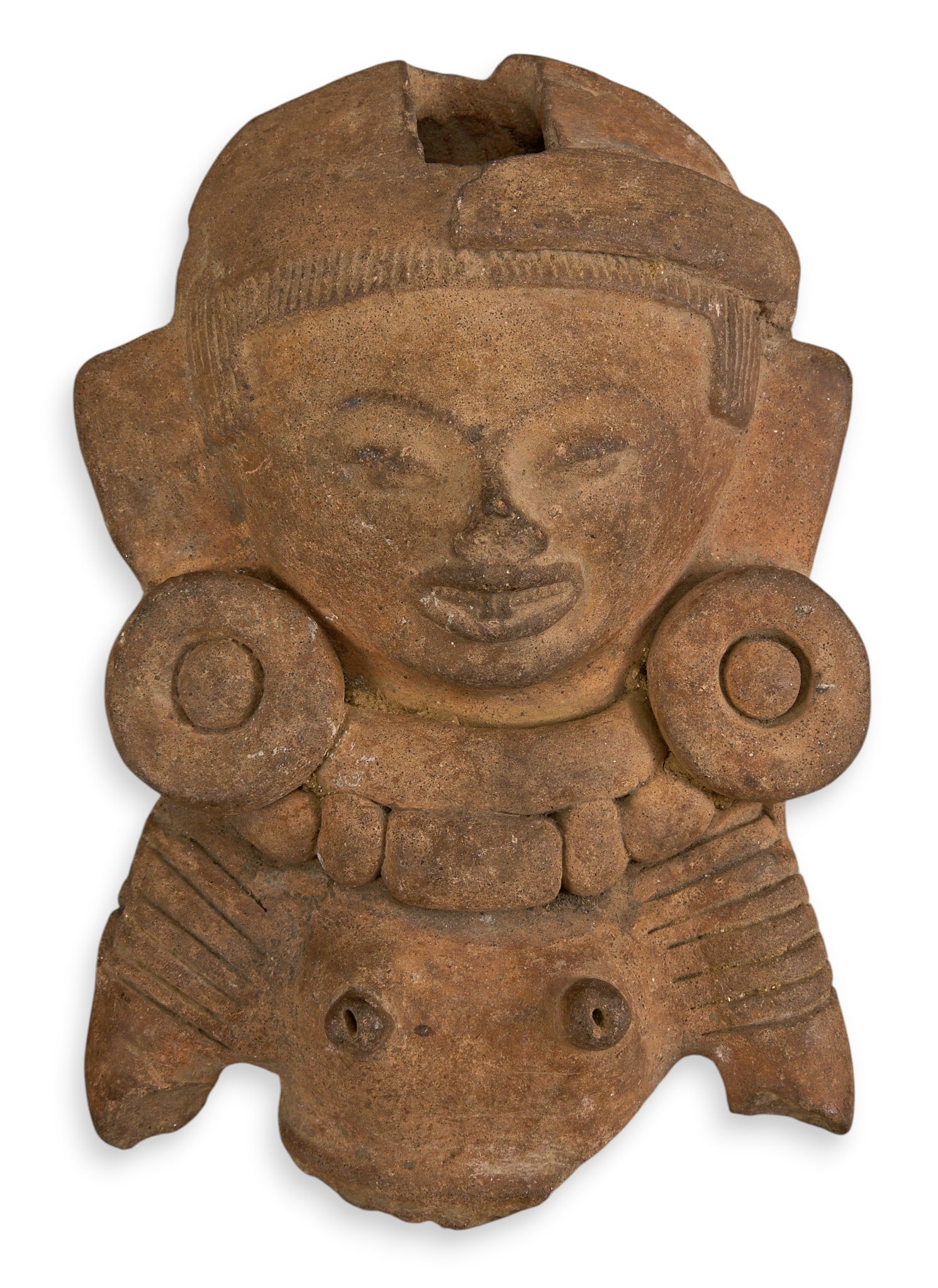 Pre-Columbian Style Sculptural Fragment: Pre-Columbian style figural sculpture fragment, likely originally part of larger vessel or sculpture height 8 in. x width 5.5 in. x depth 3 in. Provenance: The Estate collection of lat