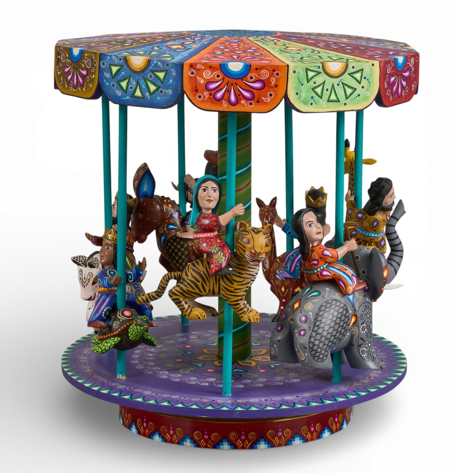 Agustin Cruz Prudencio, Alebrjie Carousel: Agustin Cruz Prudencio and Carmen Sosa Ojeda (San Agustin de las Juntas, Oaxaca, Mexico), hand-made and painted soft wood carousel alebrije, signed on bottom by both artists, circa 21st century 