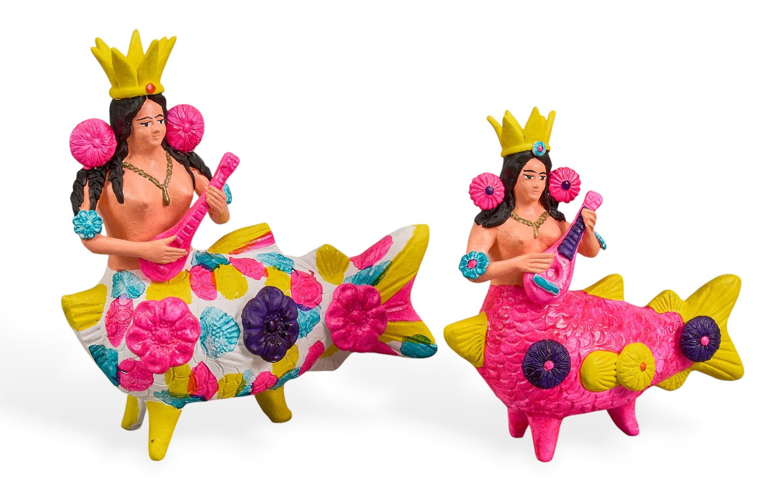 Tiburcio Soteno Fernandez, (2) Painted Sirenas: Pair of painted Tiburcio Soteno Fernandez (Metepec, State of Mexico, b. 1952) hand-made ceramic sirena (mermaid) figures, circa 20th century, signed height 12 in. x width 11.5 in. x 4.5 in.