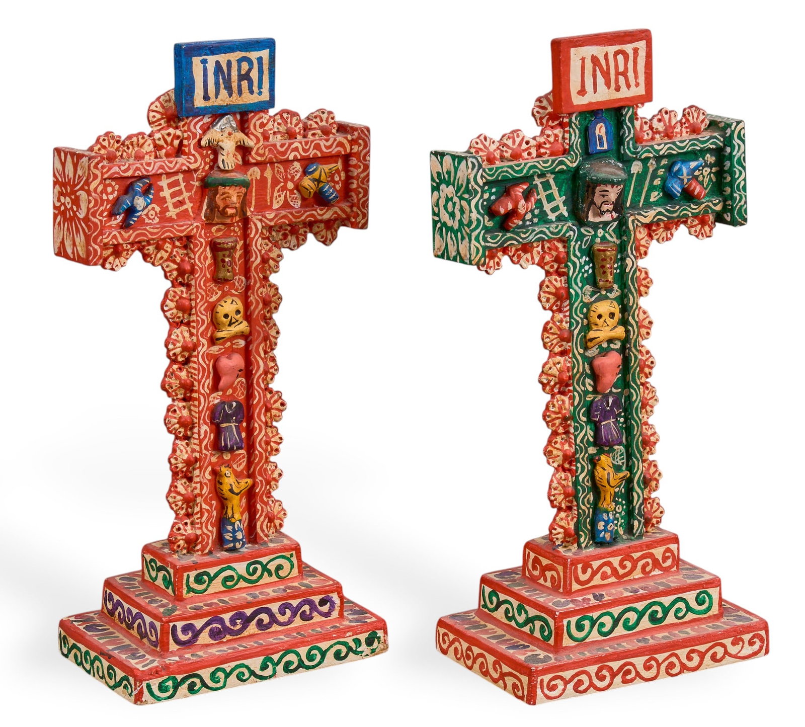 Alfredo Lopez Mendez, Pair of INRI Crosses: Pair of Alfredo López Morales (Jr. Cusco 424, Ayacucho, Peru, 20th century) folk art crosses, hand-painted, decorated with Christ among Catholic imagery, circa 20th century, each signed on