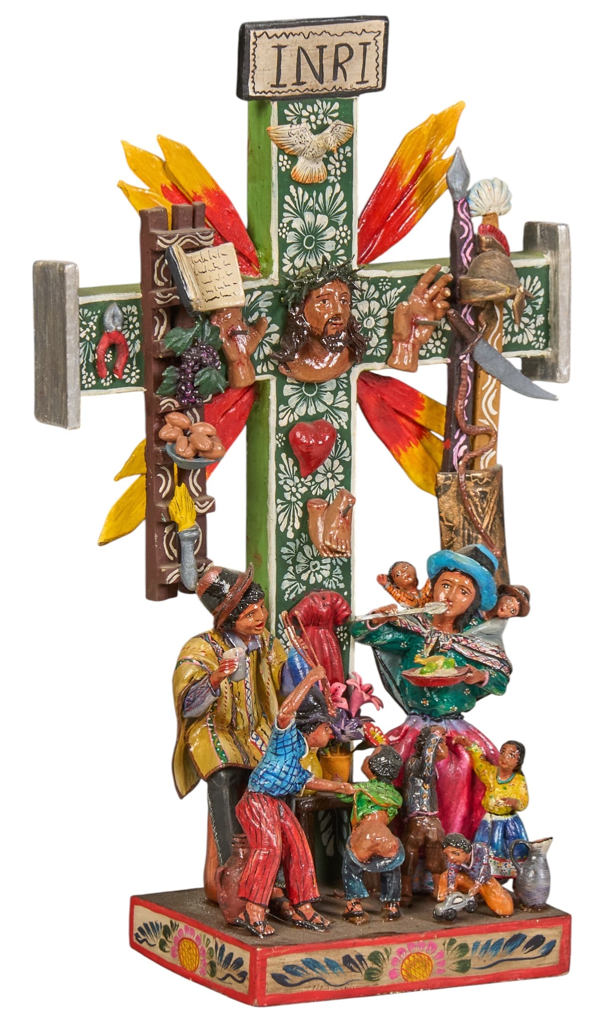 Peruvian Folk Art Crucifix: Hand-made and painted wooden Peruvian folk art crucifix with hand-modeled figures, signed "F. Jimenez" height 12 in. x width 7 in. x depth 3 in. Provenance: The Estate collection