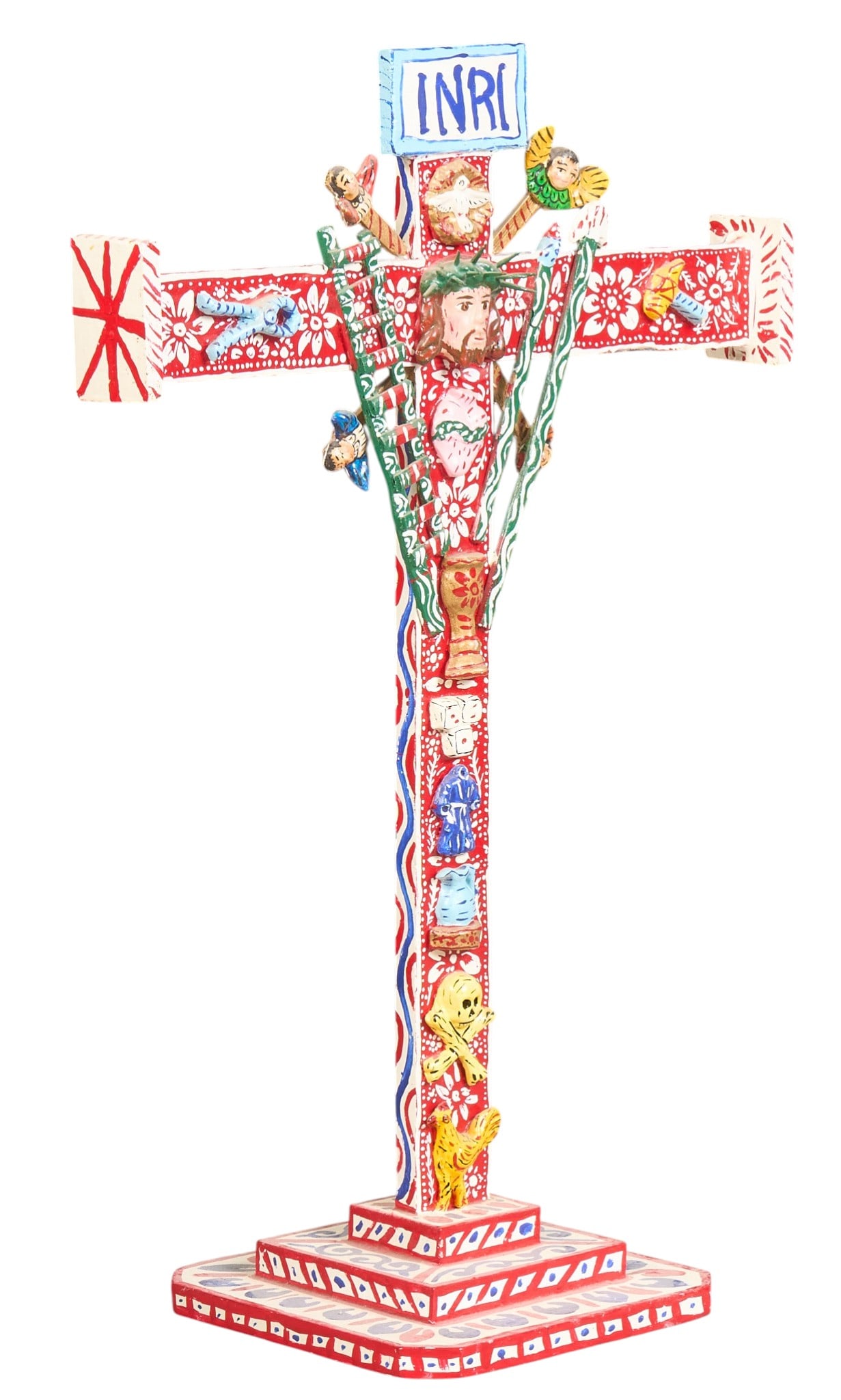 Peruvian Folk Art Crucifix: Hand-made and painted wooden Peruvian folk art crucifix height 24 in. x width 15.5 in. x depth 8.5 in. Provenance: The Estate collection of late teacher and humanitarian Douglas Rhodenbaug