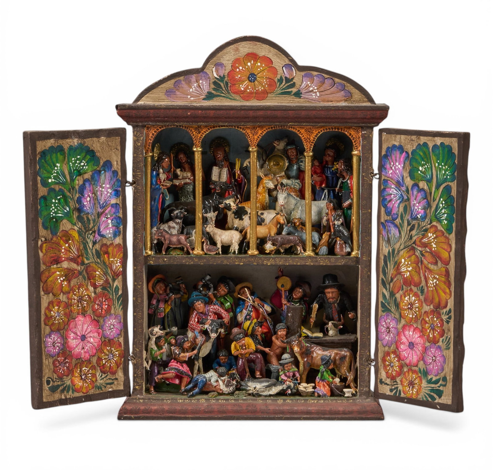 Nicario Jimenez Quispe, Retablo: Nicario Jimenez Quispe (Peru, 20th century), retablo, made in the Peruvian tradition, with a painted wooden case, housing hand-crafted and painted figures height 16 in. x wdith 20 in. x depth 4 in.&nb