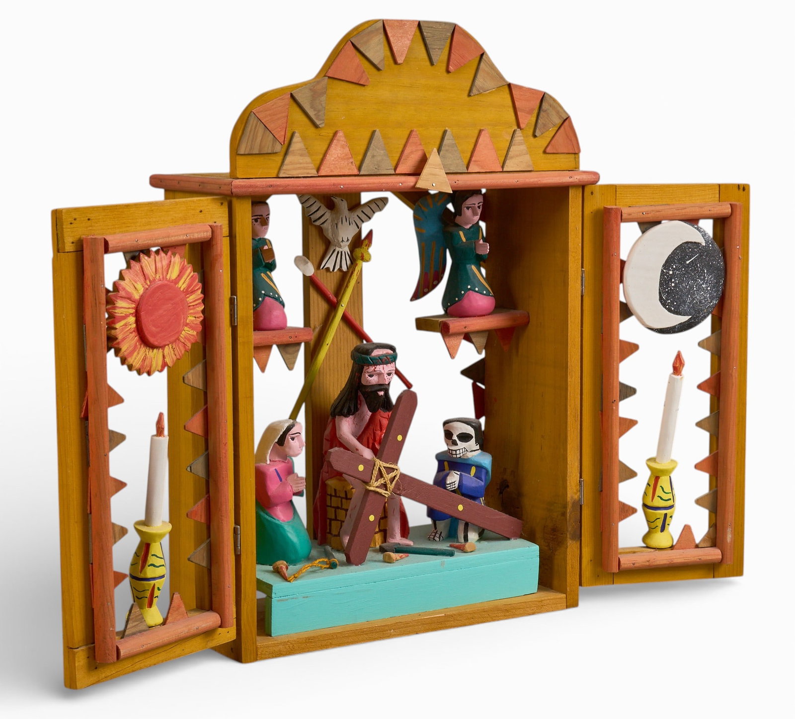 Antonio Villafañe Acevedo, Oaxacan Folk Art Nicho: Antonio Villafane (Oaxaca, Mexico) folk art nicho, hand-carved and painted wood depicting a religious scene with figures and symbols, with hinged doors height 23.5 in. x width 16.5 in. x depth 7 in. P
