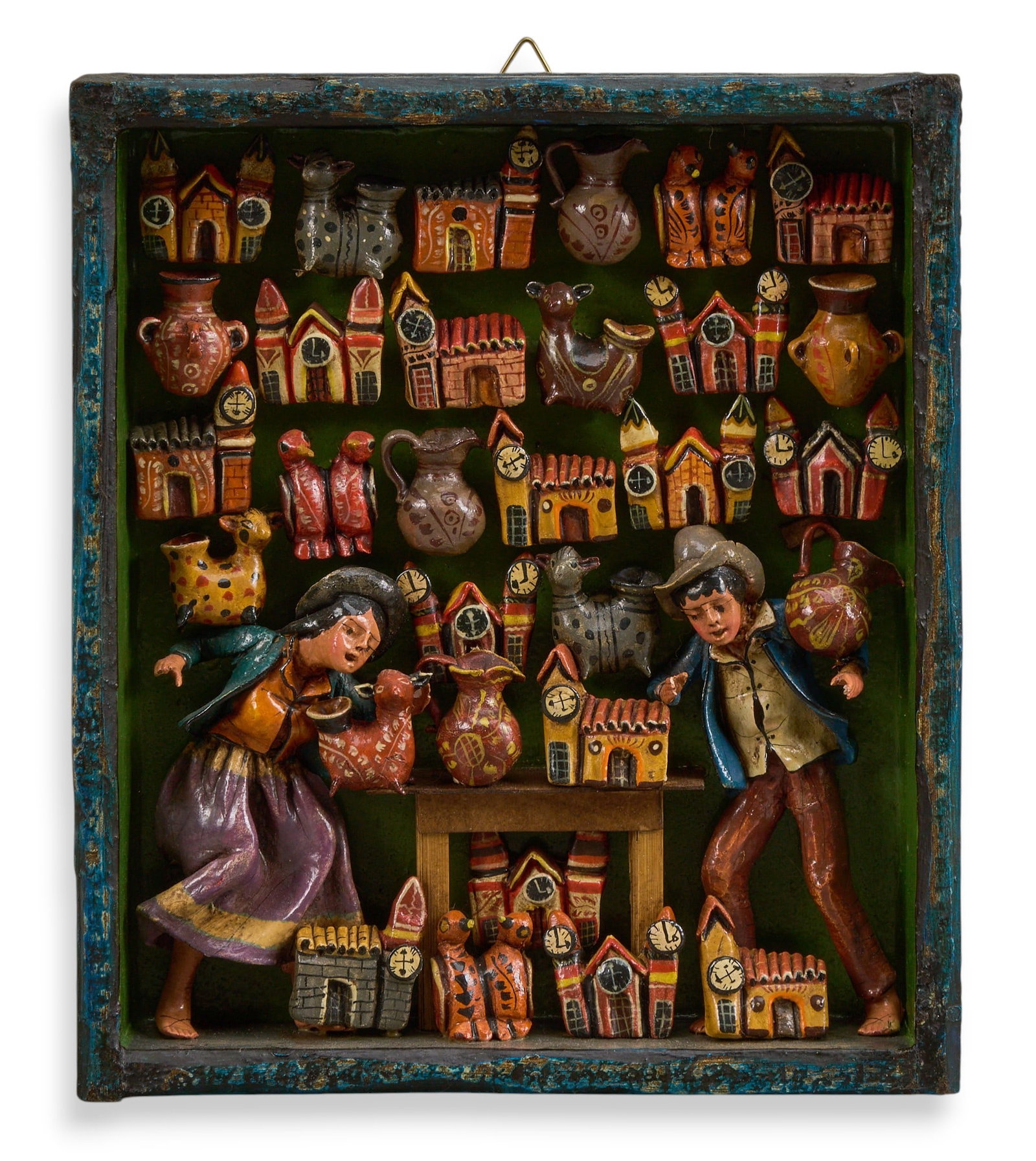 Mabilon Jimenez, Tienda de Ceramica Retablo: Mabilon Jimenez Quispe (Peruvian, Ayacucho, b. 1970) hand-made and painted plaster retablo depicting tidenda de de ceramica (ceramics store), with wooden frame, signed on back "Mabilon Jimen