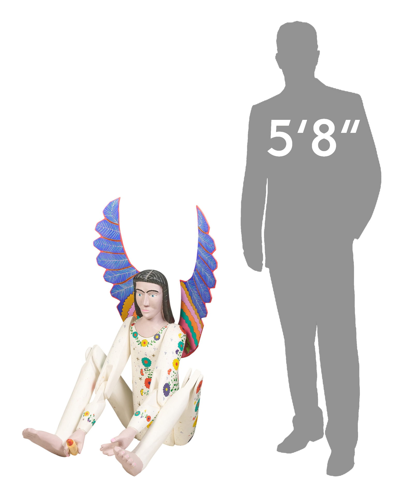 Inocencio Vasquez, Angel Alebrjie: Inocencio Vaquez (San Martin Tilcajete, Ocotlan, Oaxaca, Mexico, 20th century) hand-carved and painted angel alebirje, with articulated joints, signed on bottom of foot height 72 in. (6 feet) x width