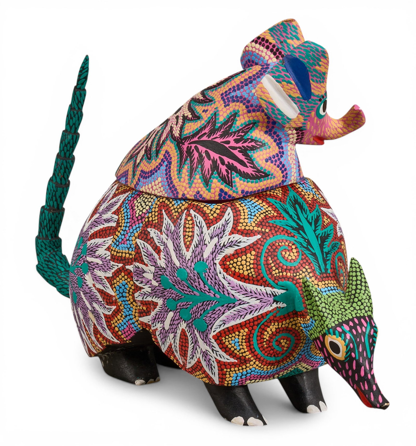 Pepe Santiago, Alebrije Jar: Pepe Santiago (Oaxaca, Mexico, 20th Century) hand-carved and painted armadillo alebrije vessel with lid, signed height 8.5 in. x width 5 in. x depth 11 in. Provenance: Property from a home in Un