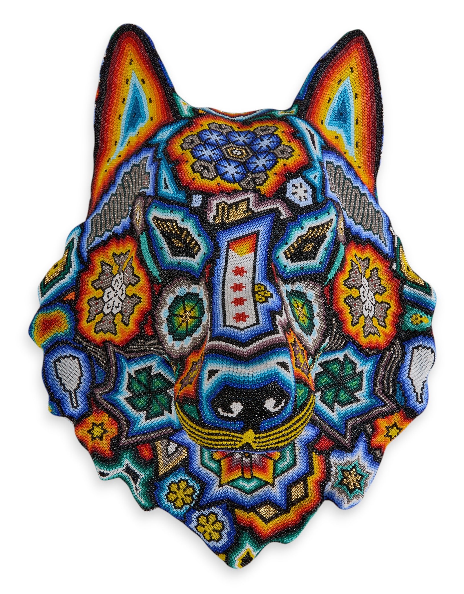 Huichol Beaded Wolf's Head: Huichol beaded wolf's head sculpture with hand-applied polychrome glass beads height 17 in. x width 13 in. x depth 8.5 in. Provenance: Property from a Mexico City, Mexico collector