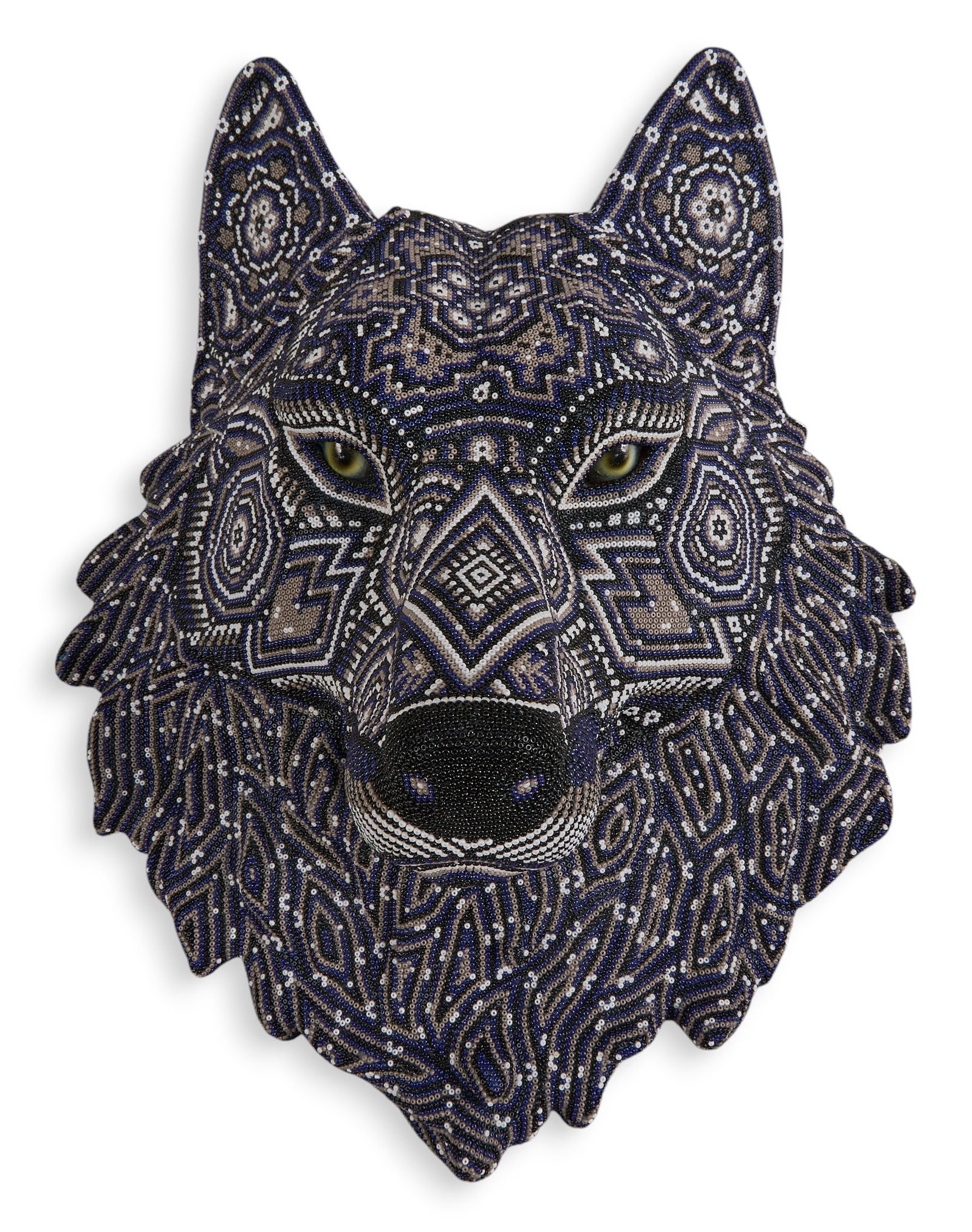 Huichol Beaded Wolf's Head: Mexican Huichol folk art sculpture depicting wolf head, with hand-applied black, white, and blue beads height 16.5 in. x width 13 in. x depth 8 in. Provenance: Property from a Mexico City, Mexic