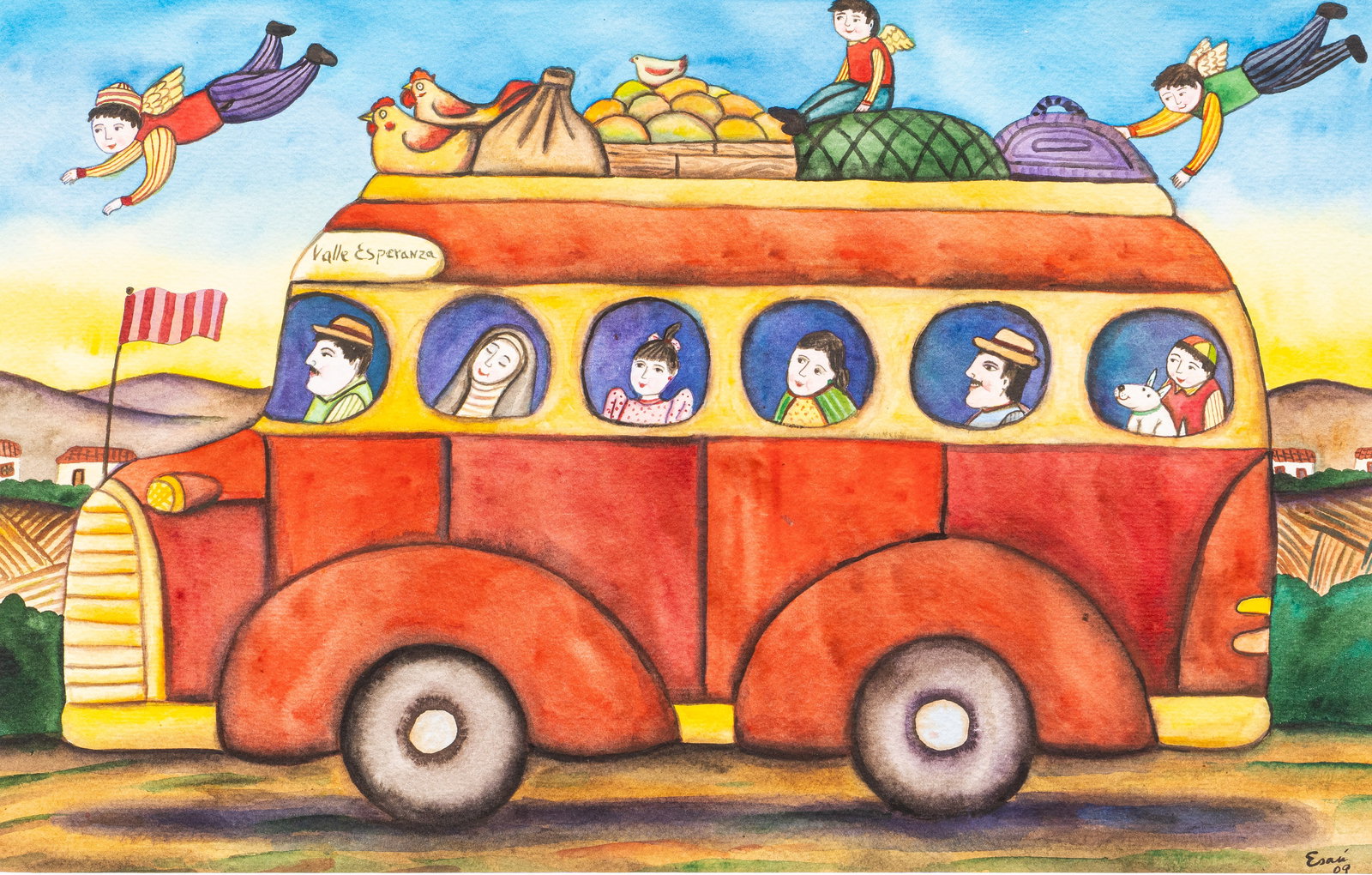 Esau Andrade, Whimsical Bus: Esau Andrade (Mexico, b. 1963), colorful folk art painting, bus en route to Valle Esperanza, watercolor on paper, signed and dated lower right, 2009 sight: 14 x 22 in., frame: 20 x 28 in. Provena