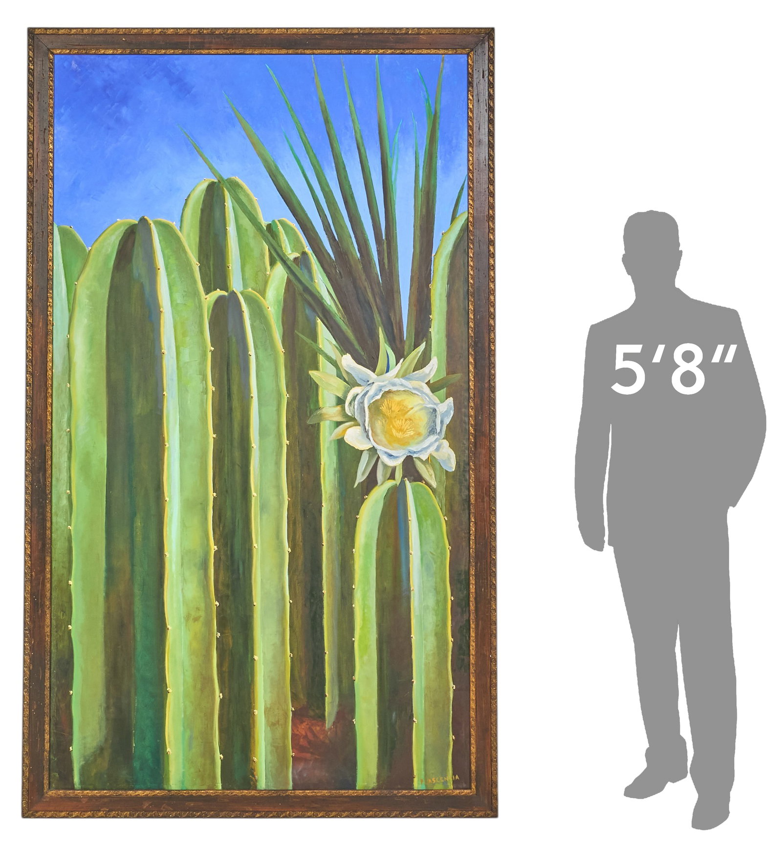 Plascencia, Cactus Painting: Signed Plascencia, large cactus painting, oil on canvas, signed lower right frame: 90 x 54 in. Provenance: Property from a home in Laredo, Texas