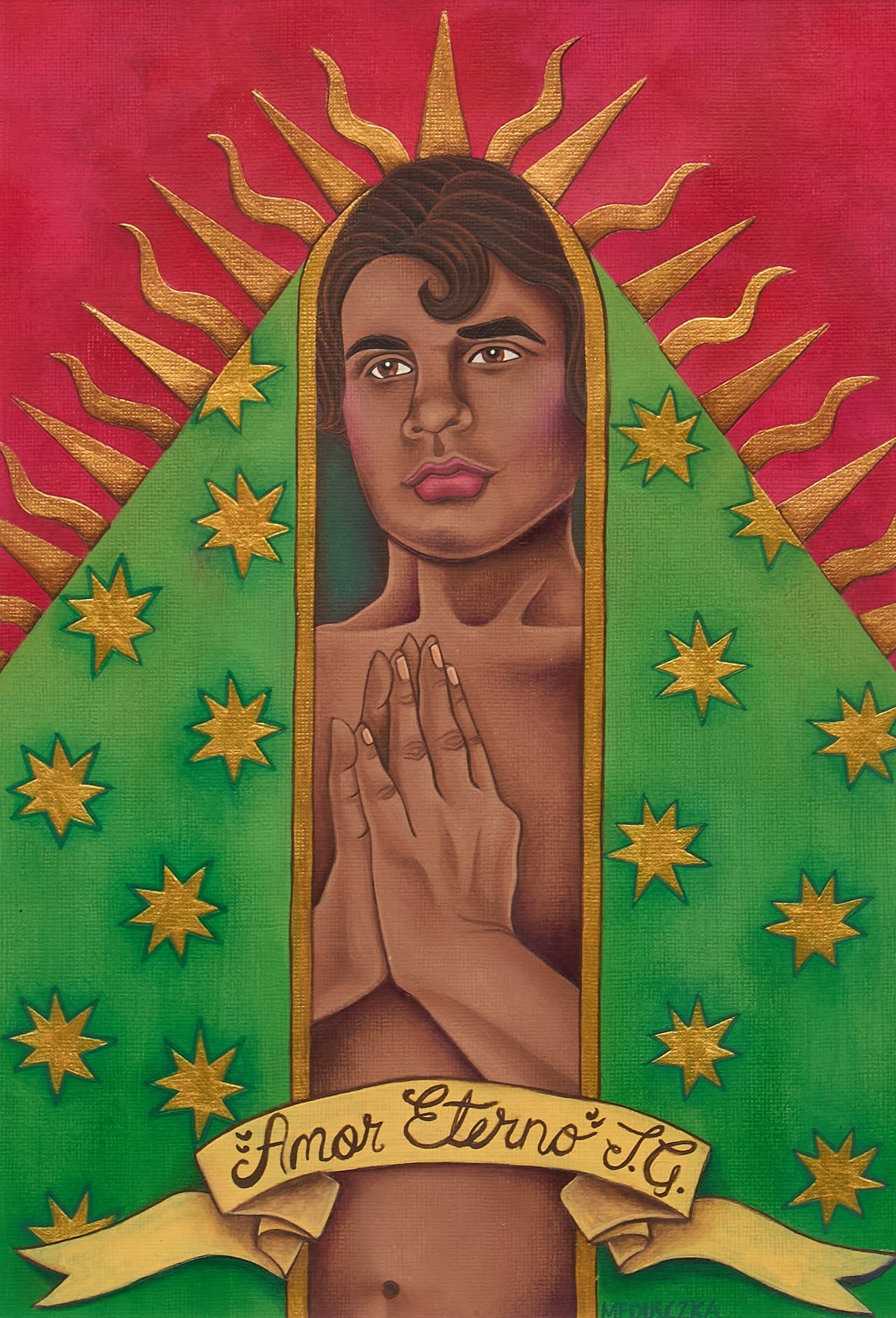 Medusczka Gorgona, "Amor Eterno": Medusczka Gorgona (Mexico / New York, 20th-21st C.), "Amor Eterno, S. G." [Sancta Genitrix], oil on canvas panel, signed lower rightsight: 14 x 10 in., frame: 20 x 15.5 in.Provenance: