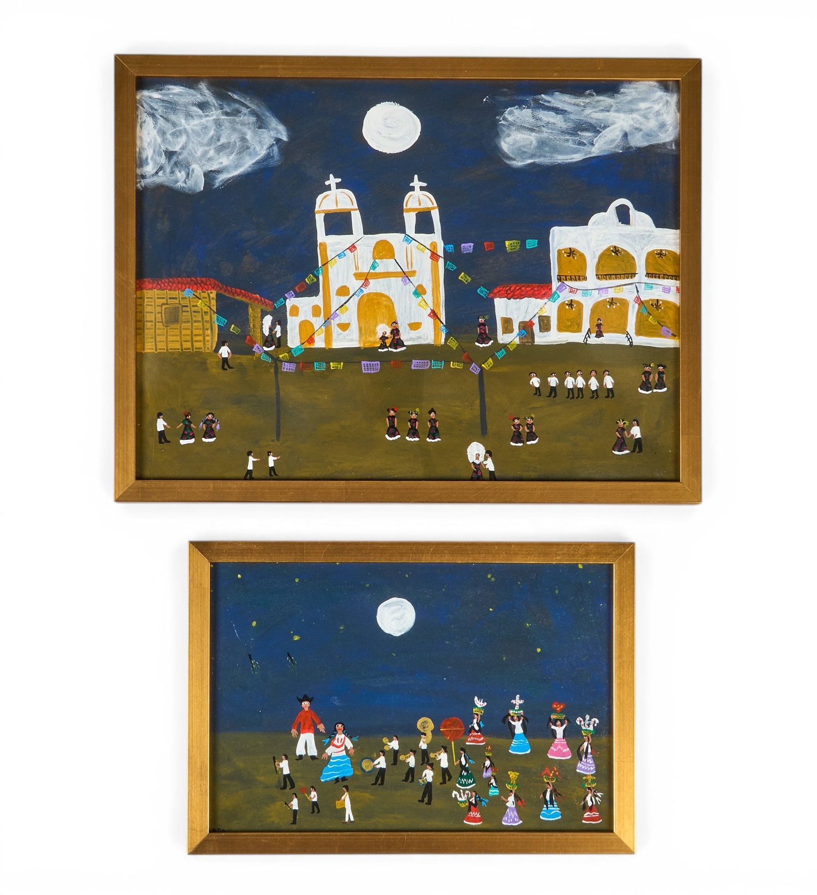 (2) Folk Paintings: Two Mexican folk paintings depicting churches and festivals at nighttime, oil on panel, both framed by John Scott (Austin, Texas) frame: 16.5 x 12.5 in. / greater Provenance: The Estate collectio