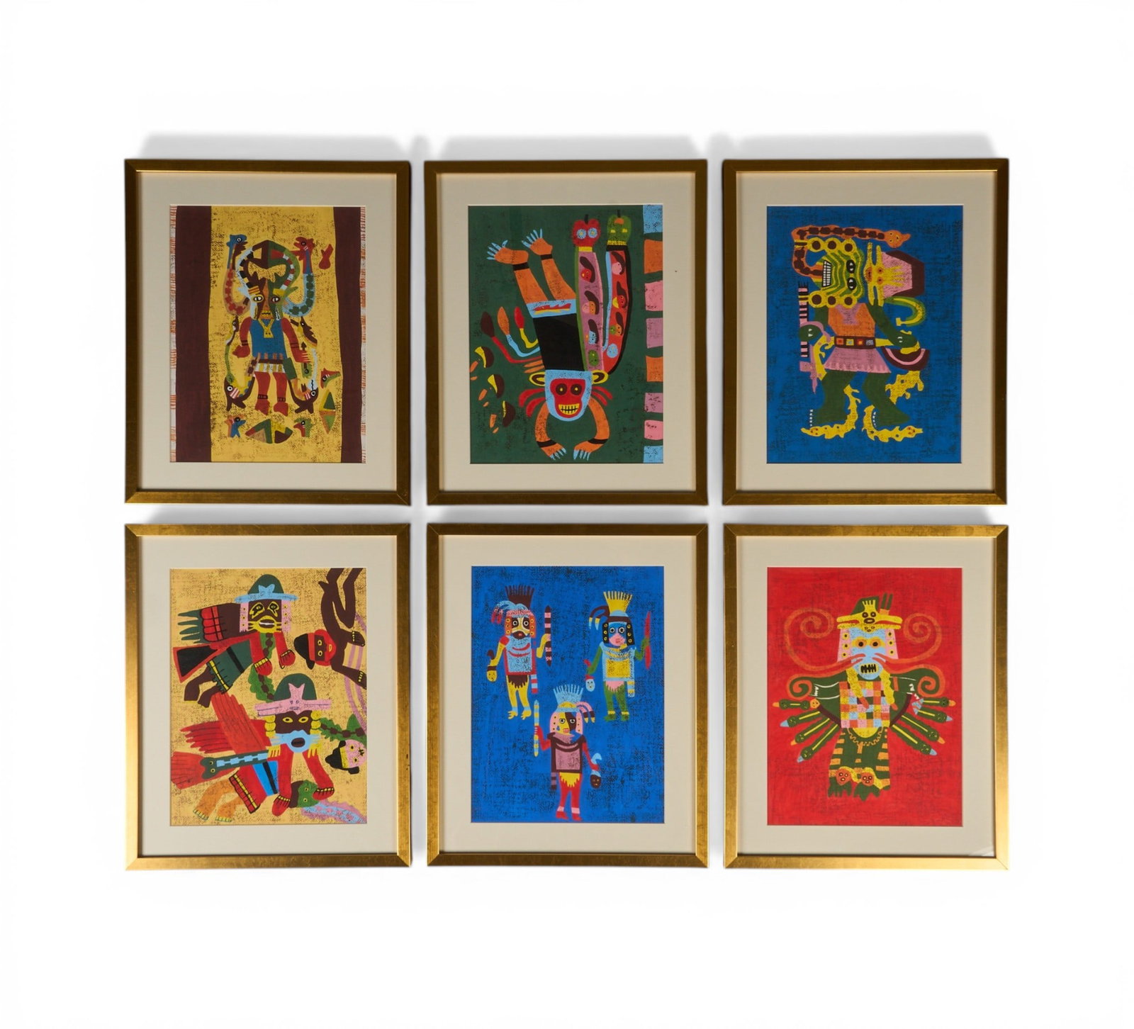 (6) Framed Peruvian Folk Art Prints: Collection of six hand-made Peruvian folk art prints depicting fantastical figures, ink on paper, framed and matted by John Scott (Austin, Texas) under museum glass height 17 in. x width 14 in. x dept